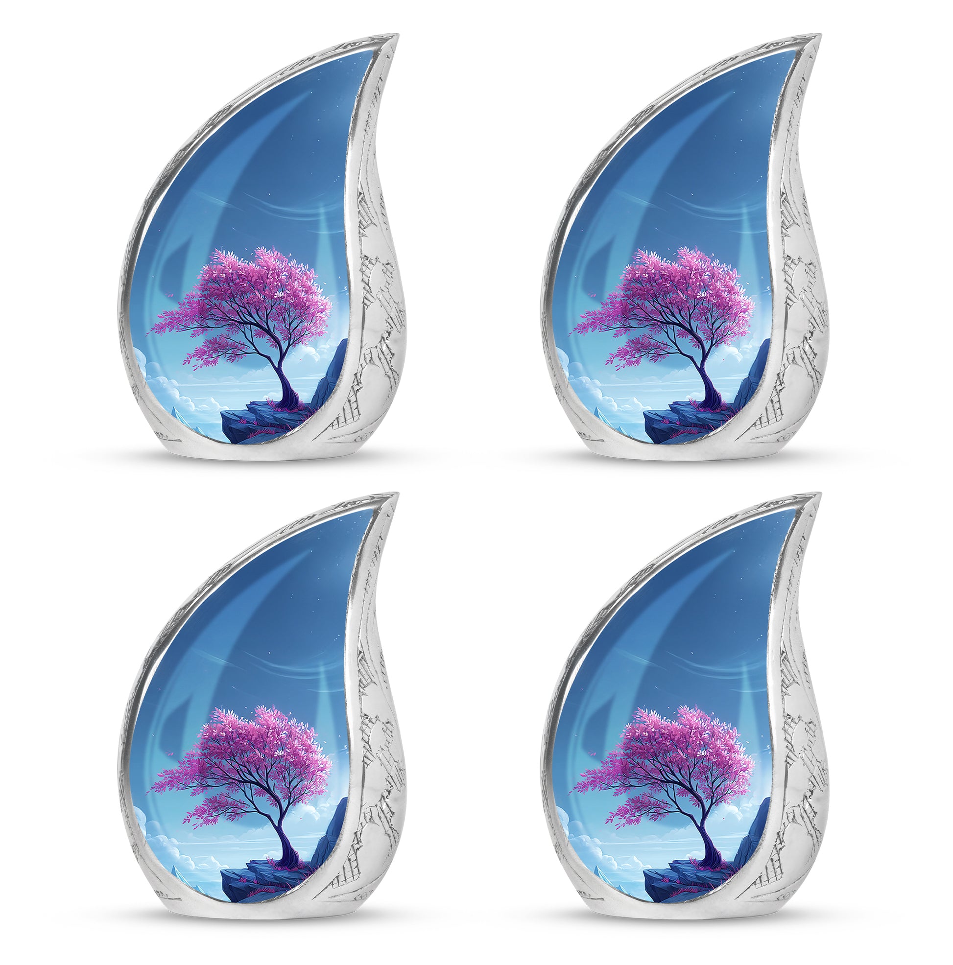 Dusty Blue Cherry Blossom Cremation Urn close-up of engraving and surface detail - rounded teardrop cherry blossom design with delicate detail - 10 inch aluminum urn for cremated remains