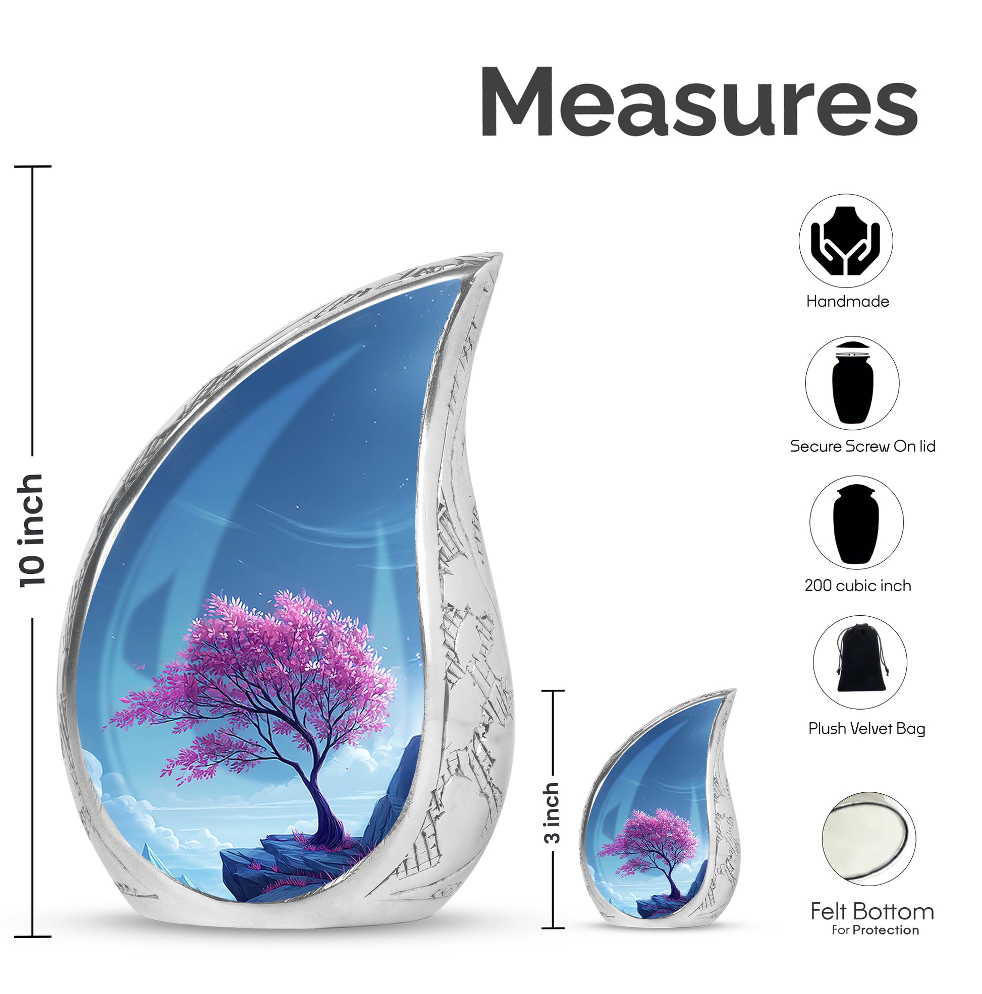Cornflower Blue Cherry Blossom Cremation Urn angled view of lid and engraved motif - graceful tear-shaped urn with cherry blossom motif - mini keepsake memorial for portion of cremation ashes