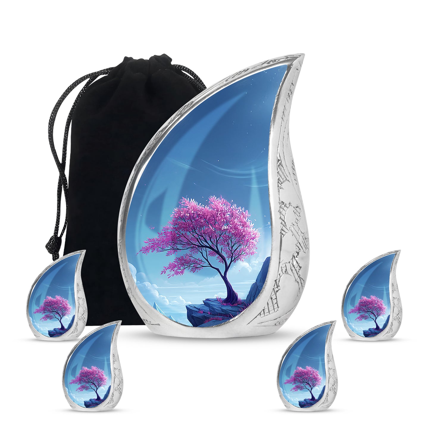 Calming Blue Cherry Blossom Cremation Urn side profile showing urn shape - graceful tear-shaped urn with cherry blossom motif - memorial set with one large and four small urns