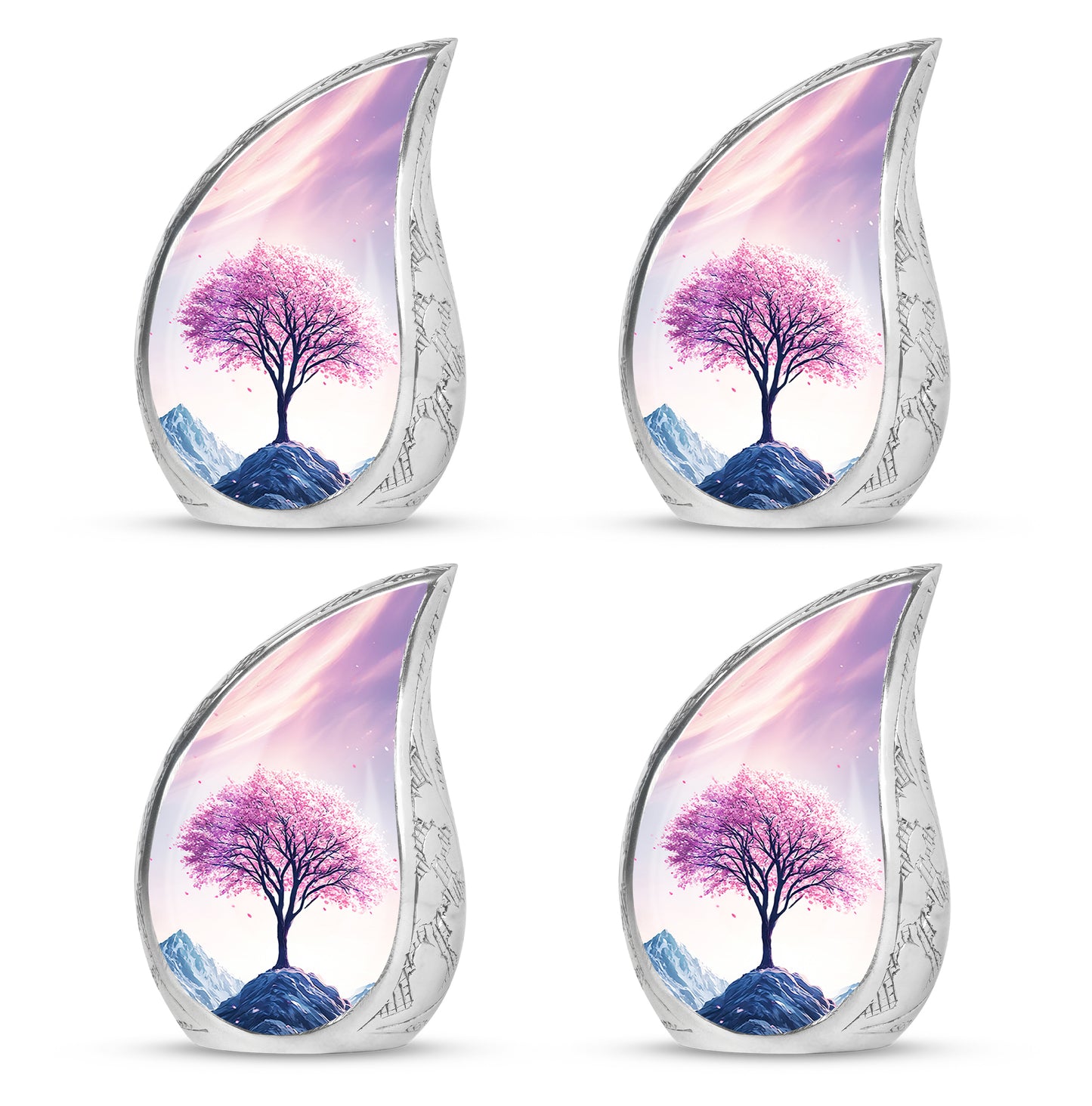 Peony Pink Cherry Blossom Cremation Urn close-up of engraving and surface detail - rounded teardrop cherry blossom design with delicate detail - 10 inch aluminum urn for cremated remains