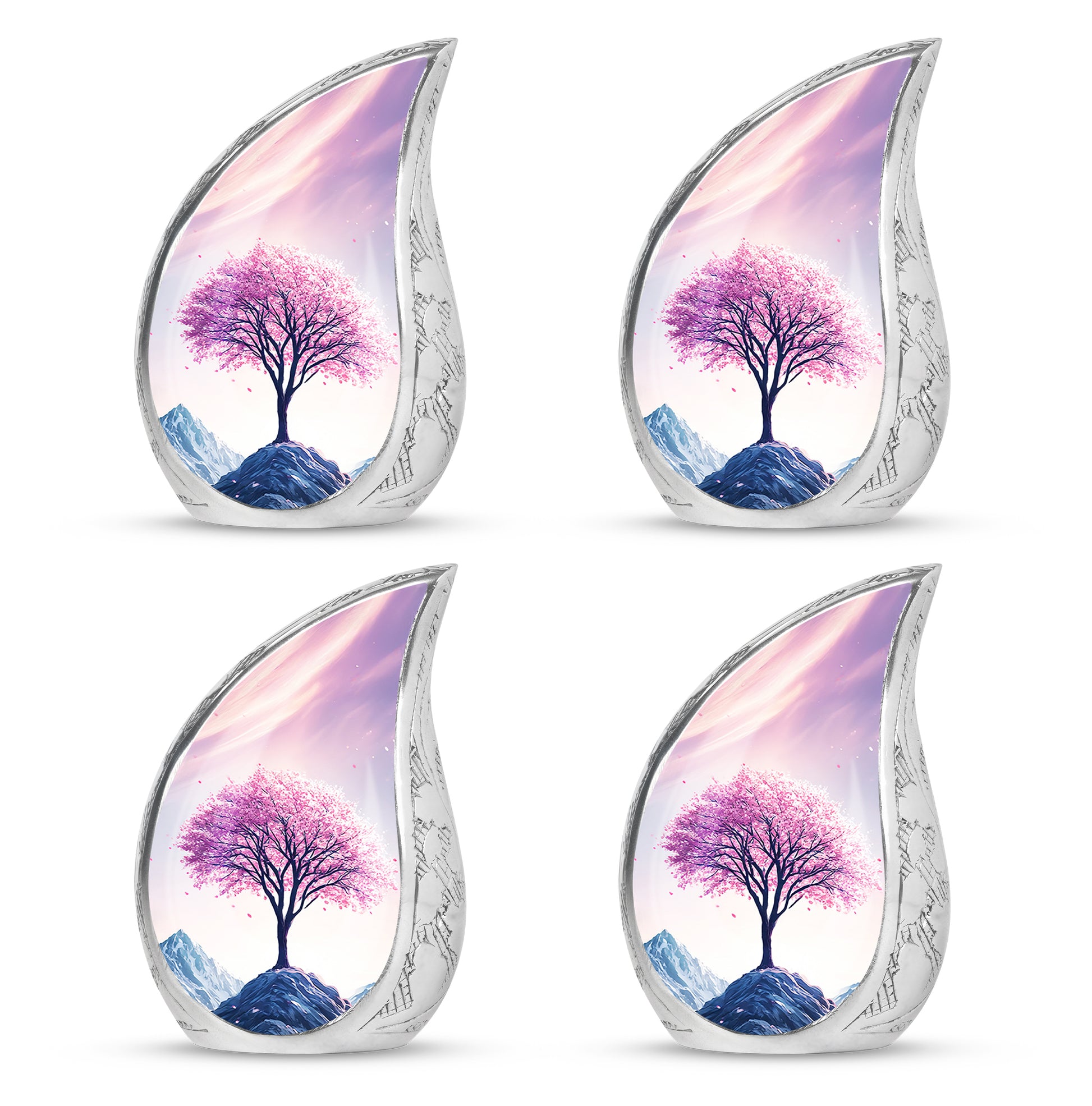 Peony Pink Cherry Blossom Cremation Urn close-up of engraving and surface detail - rounded teardrop cherry blossom design with delicate detail - 10 inch aluminum urn for cremated remains