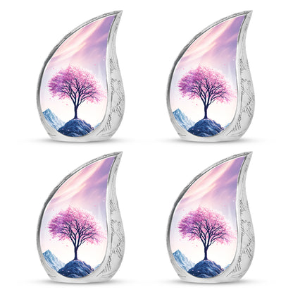 Peony Pink Cherry Blossom Cremation Urn close-up of engraving and surface detail - rounded teardrop cherry blossom design with delicate detail - 10 inch aluminum urn for cremated remains