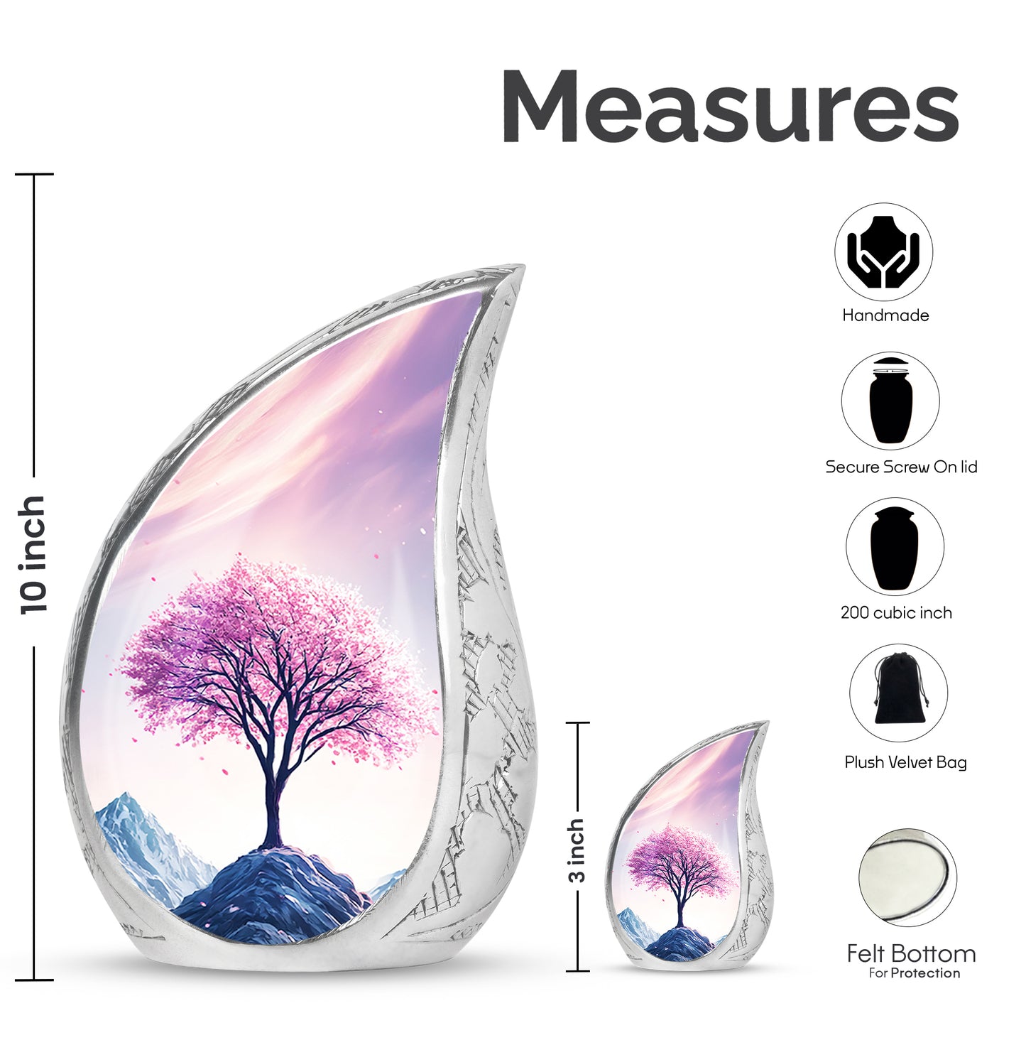 Salmon Pink Cherry Blossom Cremation Urn angled view of lid and engraved motif - graceful tear-shaped urn with cherry blossom motif - mini keepsake memorial for portion of cremation ashes