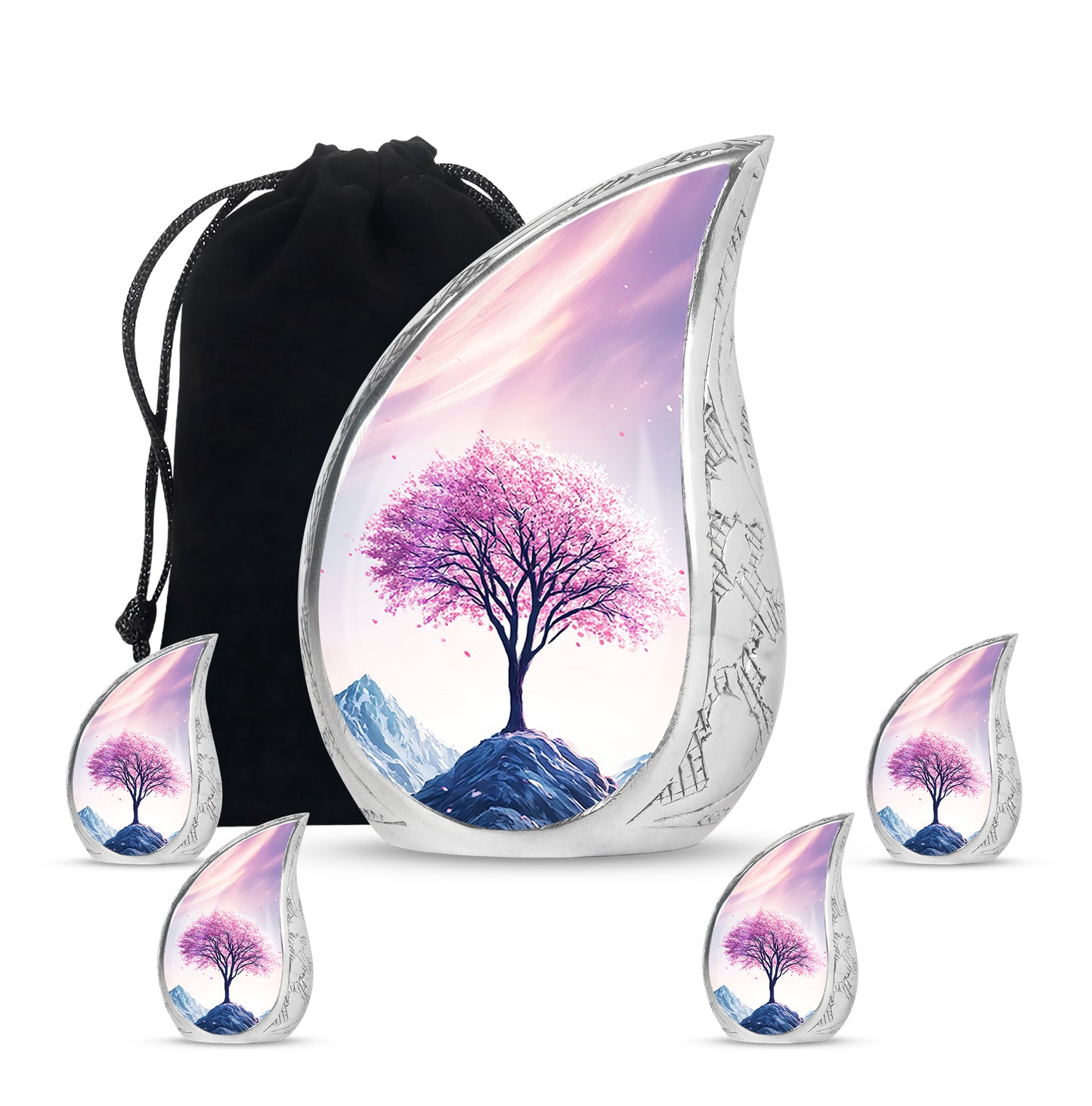 Vintage Pink Cherry Blossom Cremation Urn side profile showing urn shape - graceful tear-shaped urn with cherry blossom motif - memorial set with one large and four small urns