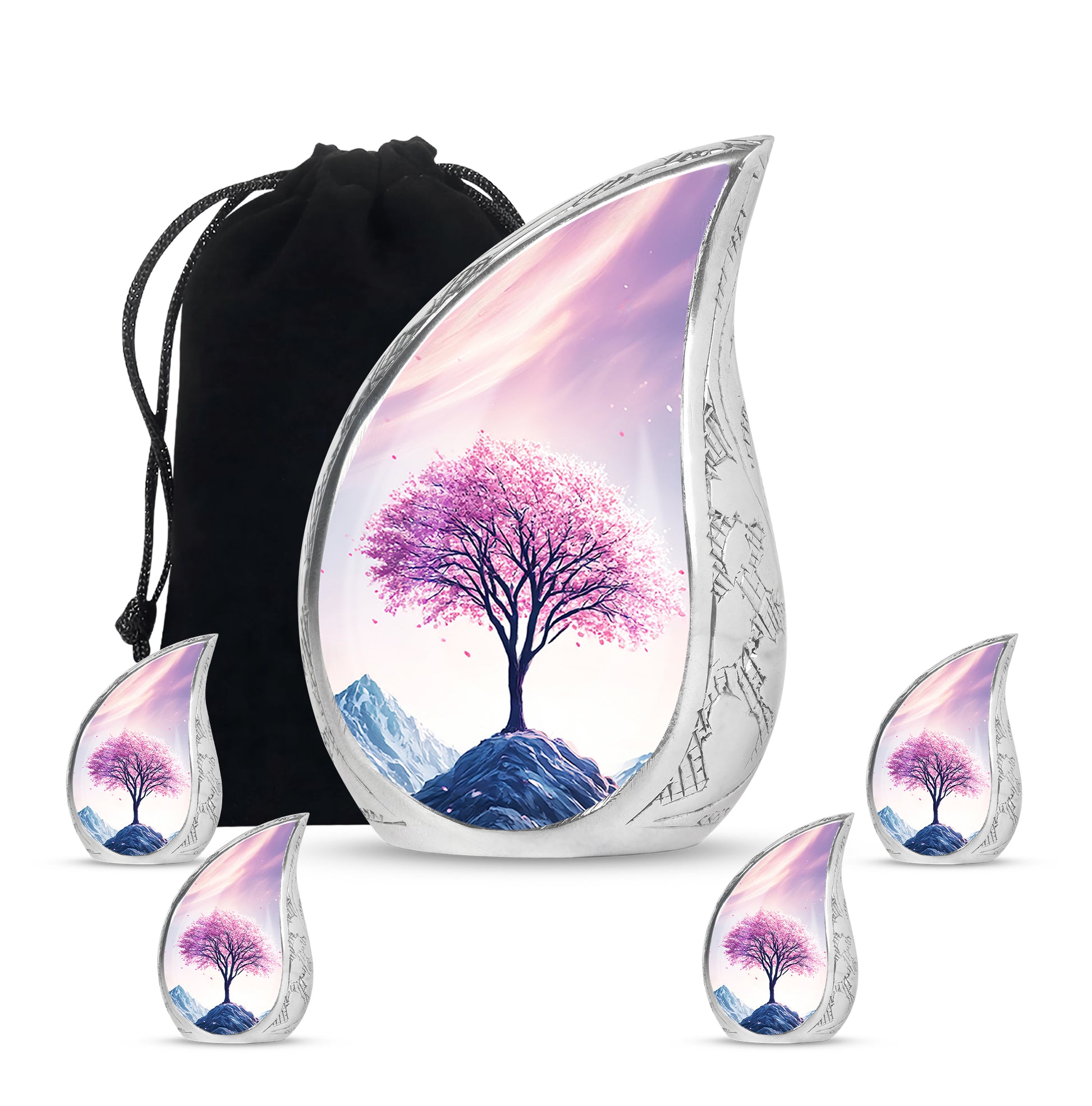 Vintage Pink Cherry Blossom Cremation Urn side profile showing urn shape - graceful tear-shaped urn with cherry blossom motif - memorial set with one large and four small urns
