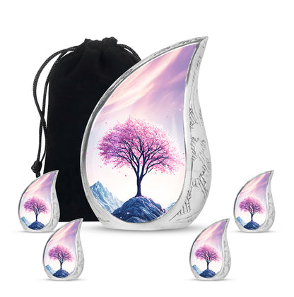 Vintage Pink Cherry Blossom Cremation Urn side profile showing urn shape - graceful tear-shaped urn with cherry blossom motif - memorial set with one large and four small urns
