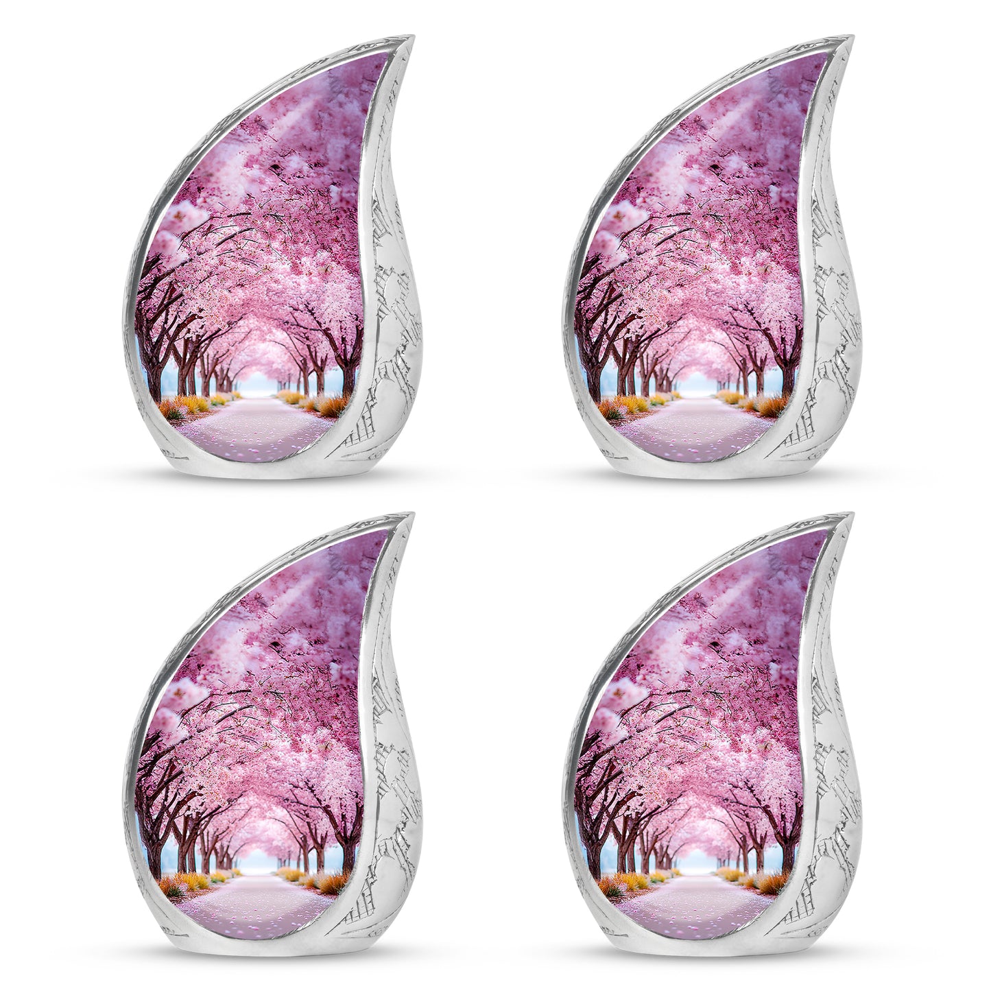 Rose Pink Cherry Blossom Cremation Urn close-up of engraving and surface detail - rounded teardrop cherry blossom design with delicate detail - 10 inch aluminum urn for cremated remains