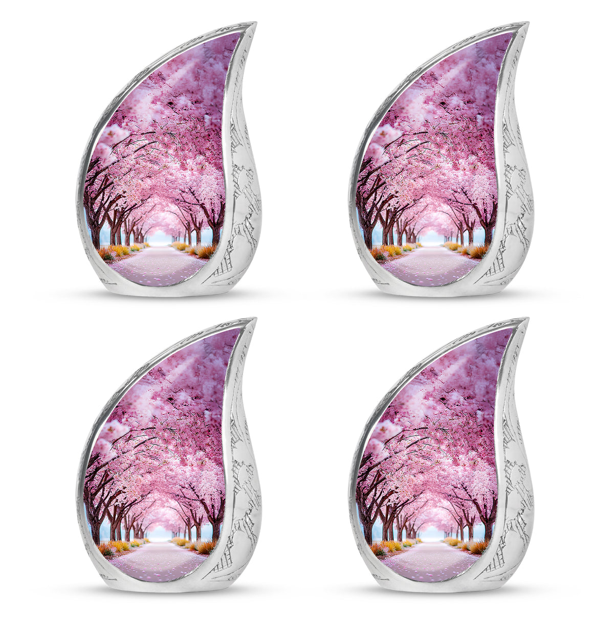 Rose Pink Cherry Blossom Cremation Urn close-up of engraving and surface detail - rounded teardrop cherry blossom design with delicate detail - 10 inch aluminum urn for cremated remains