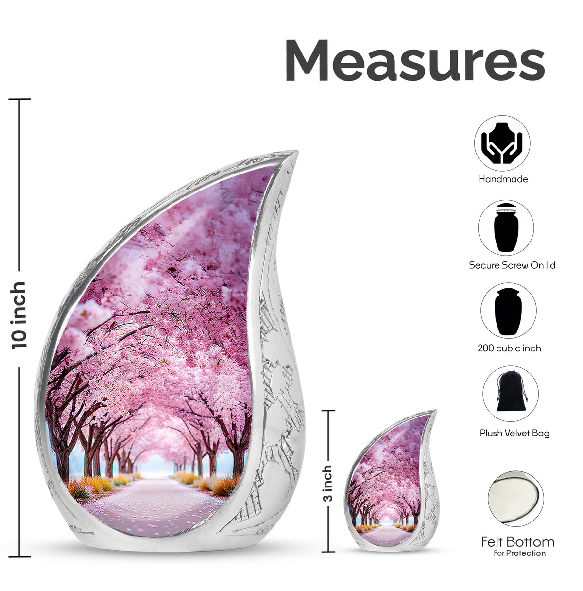 Pastel Pink Cherry Blossom Cremation Urn angled view of lid and engraved motif - rounded teardrop cherry blossom design with delicate detail - mini keepsake memorial for portion of cremation ashes