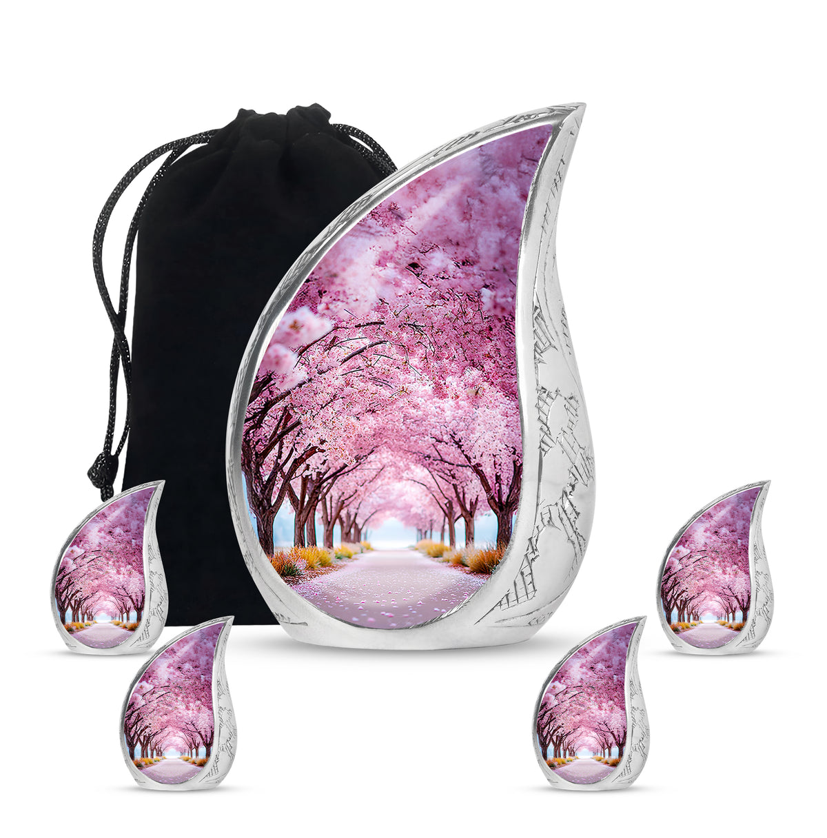Vintage Pink Cherry Blossom Cremation Urn side profile showing urn shape - graceful tear-shaped urn with cherry blossom motif - memorial set with one large and four small urns