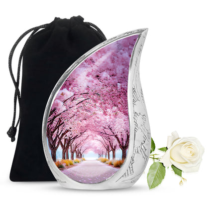 Dusty Pink Cherry Blossom Cremation Urn front view showing detailed design - graceful tear-shaped urn with cherry blossom motif - full-size 10 inch 200 cubic inch adult cremation urn