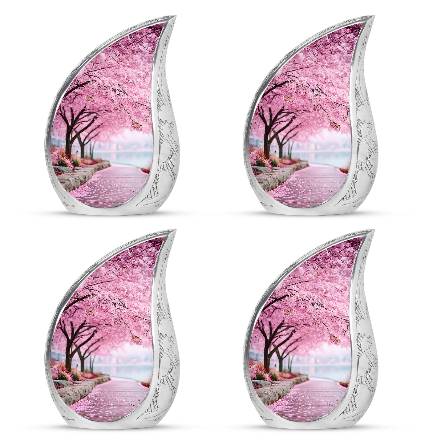 Salmon Pink Cherry Blossom Cremation Urn close-up of engraving and surface detail - smooth teardrop contour featuring cherry blossom art - 10 inch aluminum urn for cremated remains