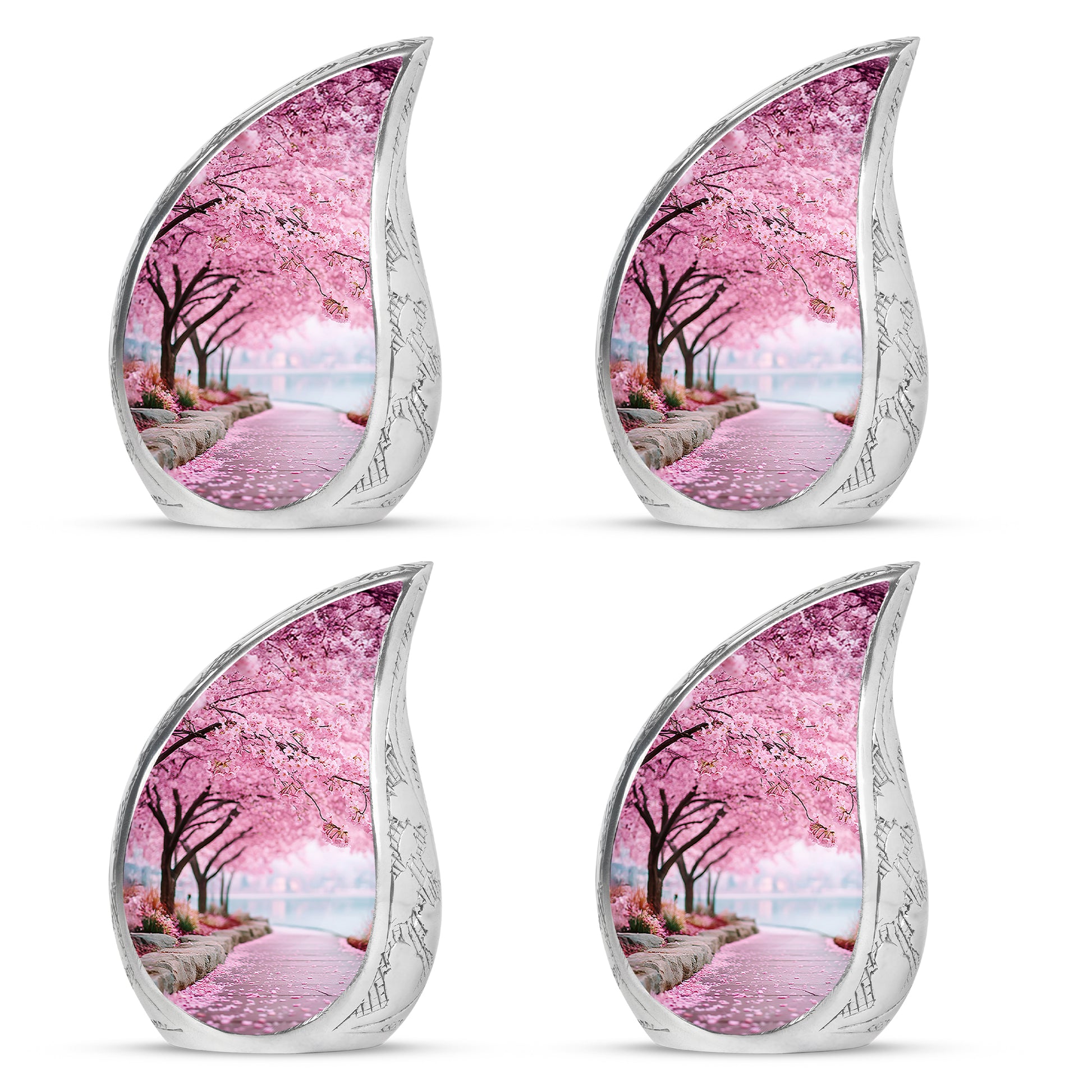 Salmon Pink Cherry Blossom Cremation Urn close-up of engraving and surface detail - smooth teardrop contour featuring cherry blossom art - 10 inch aluminum urn for cremated remains