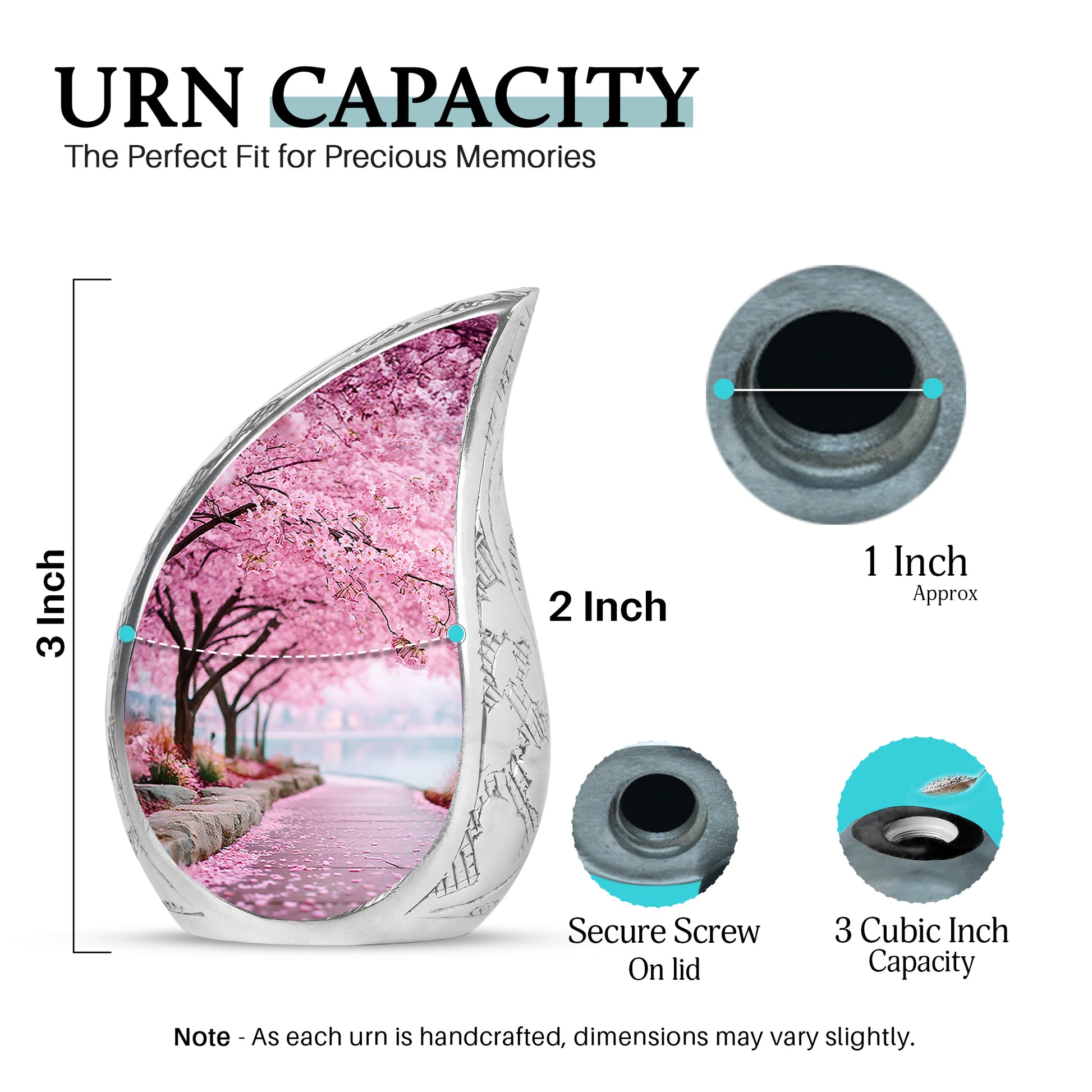 Coral Pink Cherry Blossom Cremation Urn angled view of lid and engraved motif - flowing teardrop cherry blossom silhouette on curved aluminum - mini keepsake memorial for portion of cremation ashes