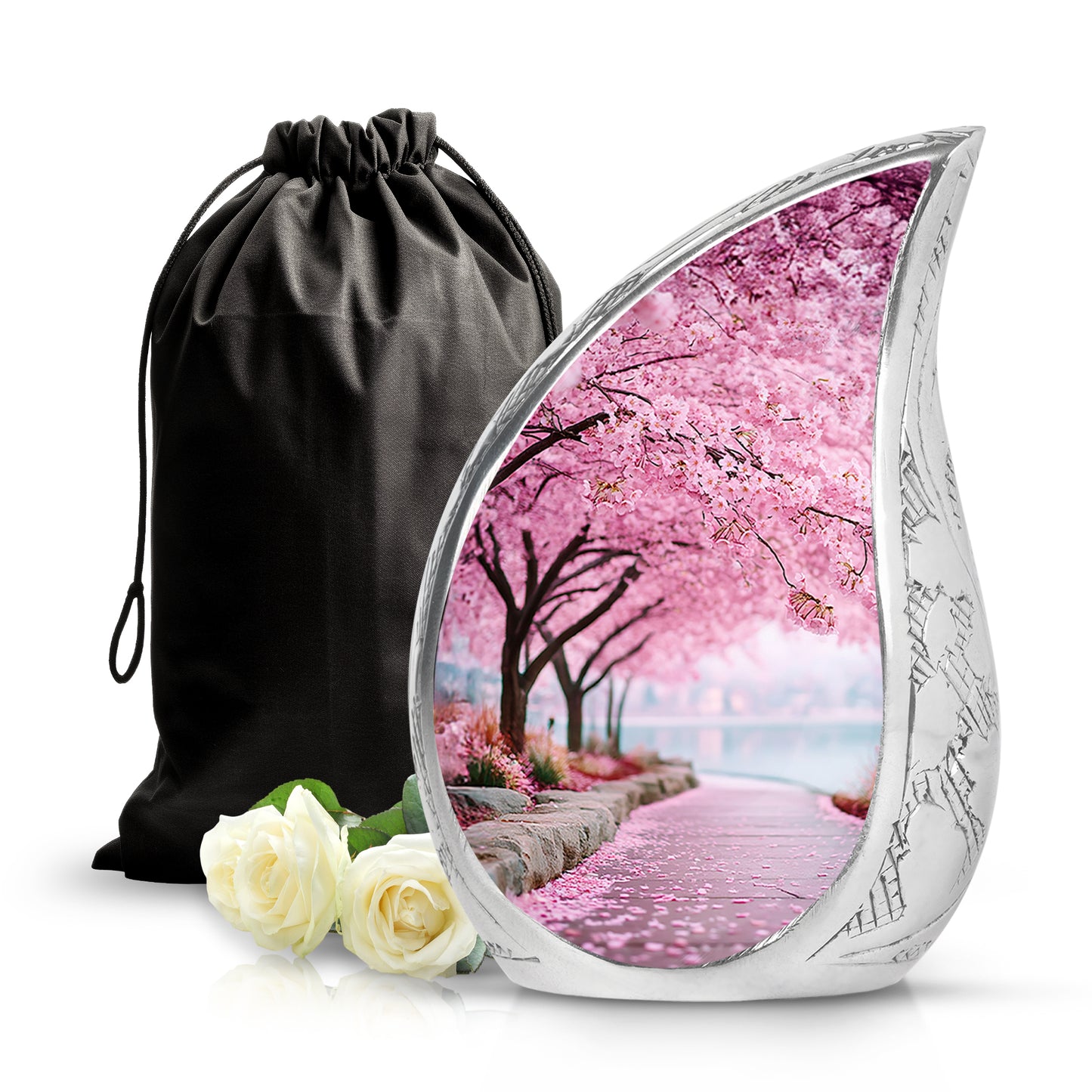 Vintage Pink Cherry Blossom Cremation Urn front view showing detailed design - smooth teardrop contour featuring cherry blossom art - full-size 10 inch 200 cubic inch adult cremation urn