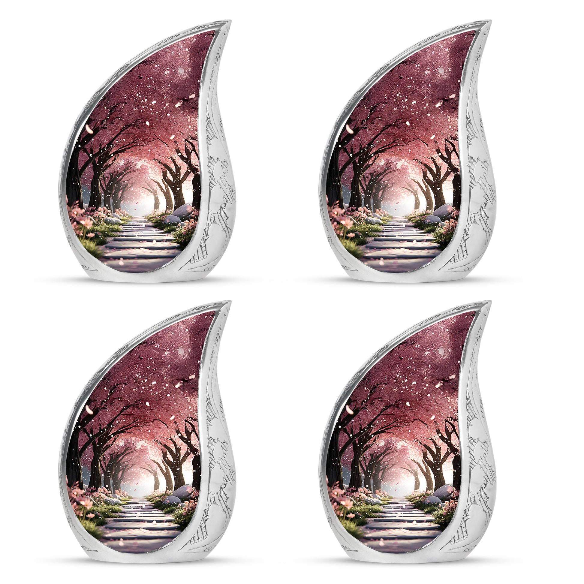 Burgundy Red Cherry Blossom Cremation Urn close-up of engraving and surface detail - rounded teardrop cherry blossom design with delicate detail - 10 inch aluminum urn for cremated remains