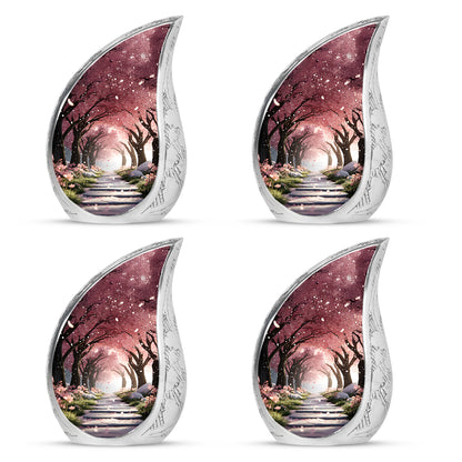 Burgundy Red Cherry Blossom Cremation Urn close-up of engraving and surface detail - rounded teardrop cherry blossom design with delicate detail - 10 inch aluminum urn for cremated remains