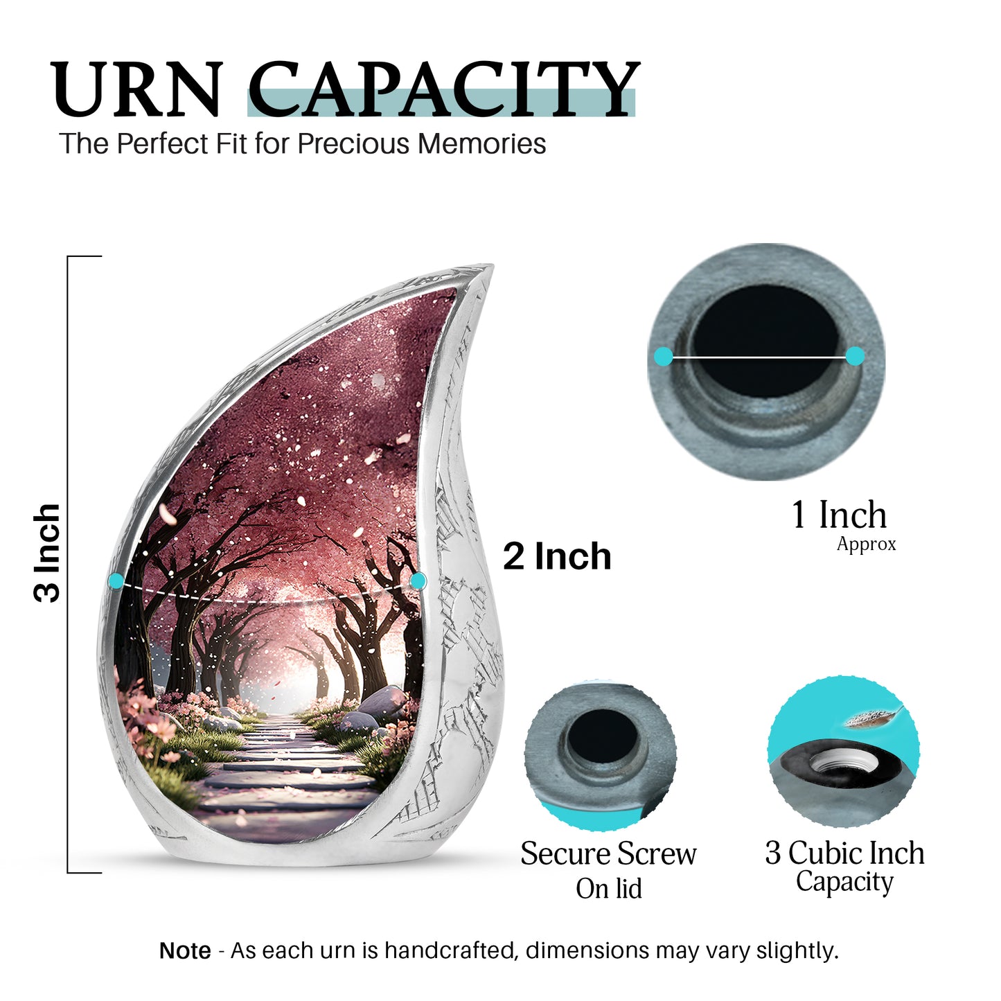Wine Red Cherry Blossom Cremation Urn angled view of lid and engraved motif - rounded teardrop cherry blossom design with delicate detail - mini keepsake memorial for portion of cremation ashes