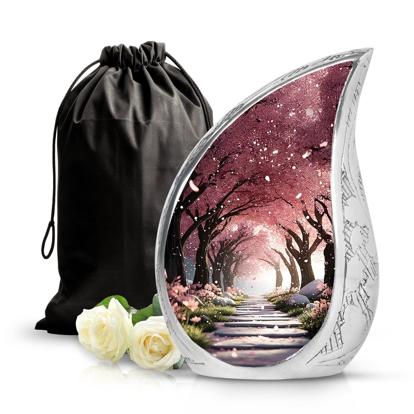 Fiery Red Cherry Blossom Cremation Urn front view showing detailed design - graceful tear-shaped urn with cherry blossom motif - full-size 10 inch 200 cubic inch adult cremation urn