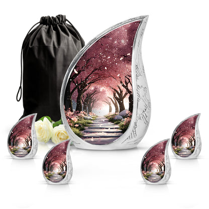 Ruby Red Cherry Blossom Cremation Urn side profile showing urn shape - graceful tear-shaped urn with cherry blossom motif - memorial set with one large and four small urns