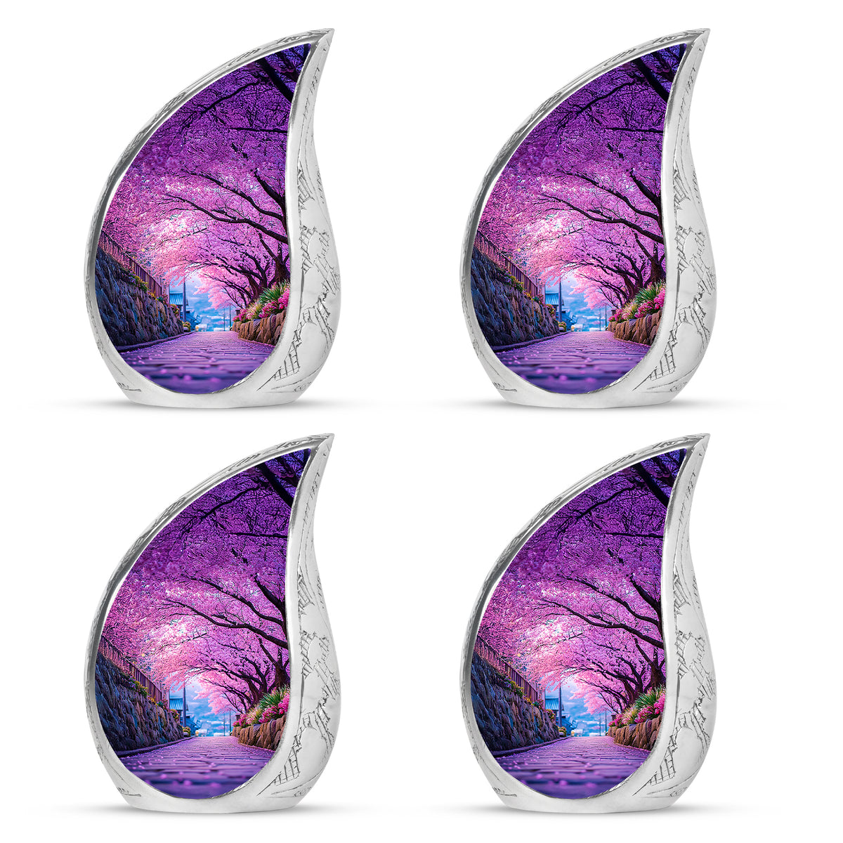 Amethyst Purple Cherry Blossom Cremation Urn close-up of engraving and surface detail - rounded teardrop cherry blossom design with delicate detail - 10 inch aluminum urn for cremated remains