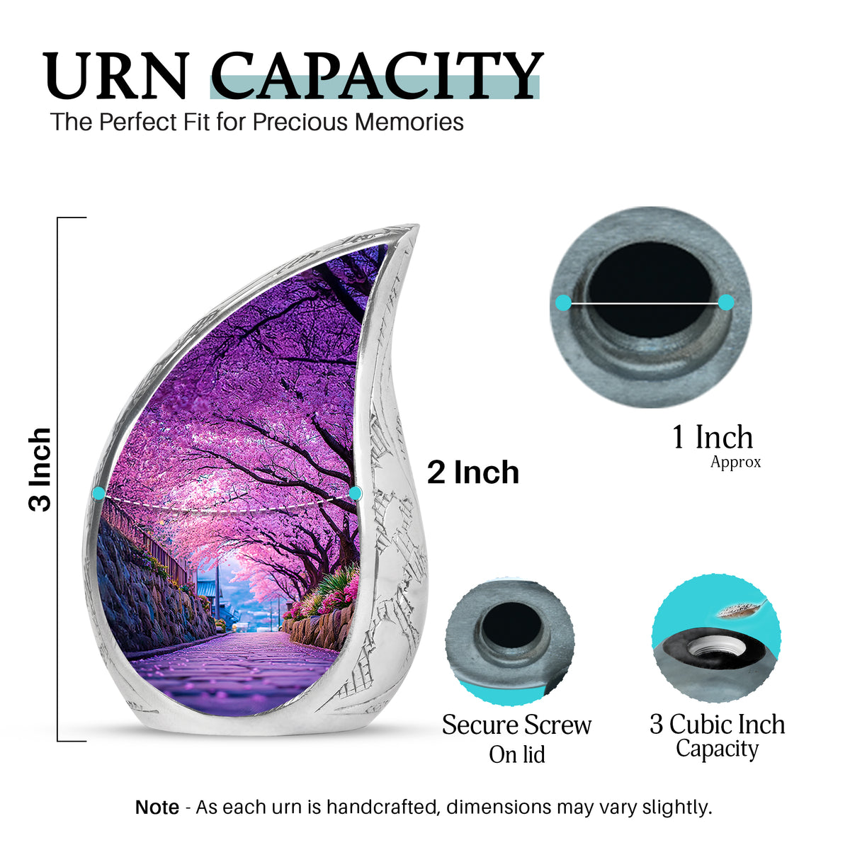 Lavender Purple Cherry Blossom Cremation Urn angled view of lid and engraved motif - graceful tear-shaped urn with cherry blossom motif - mini keepsake memorial for portion of cremation ashes