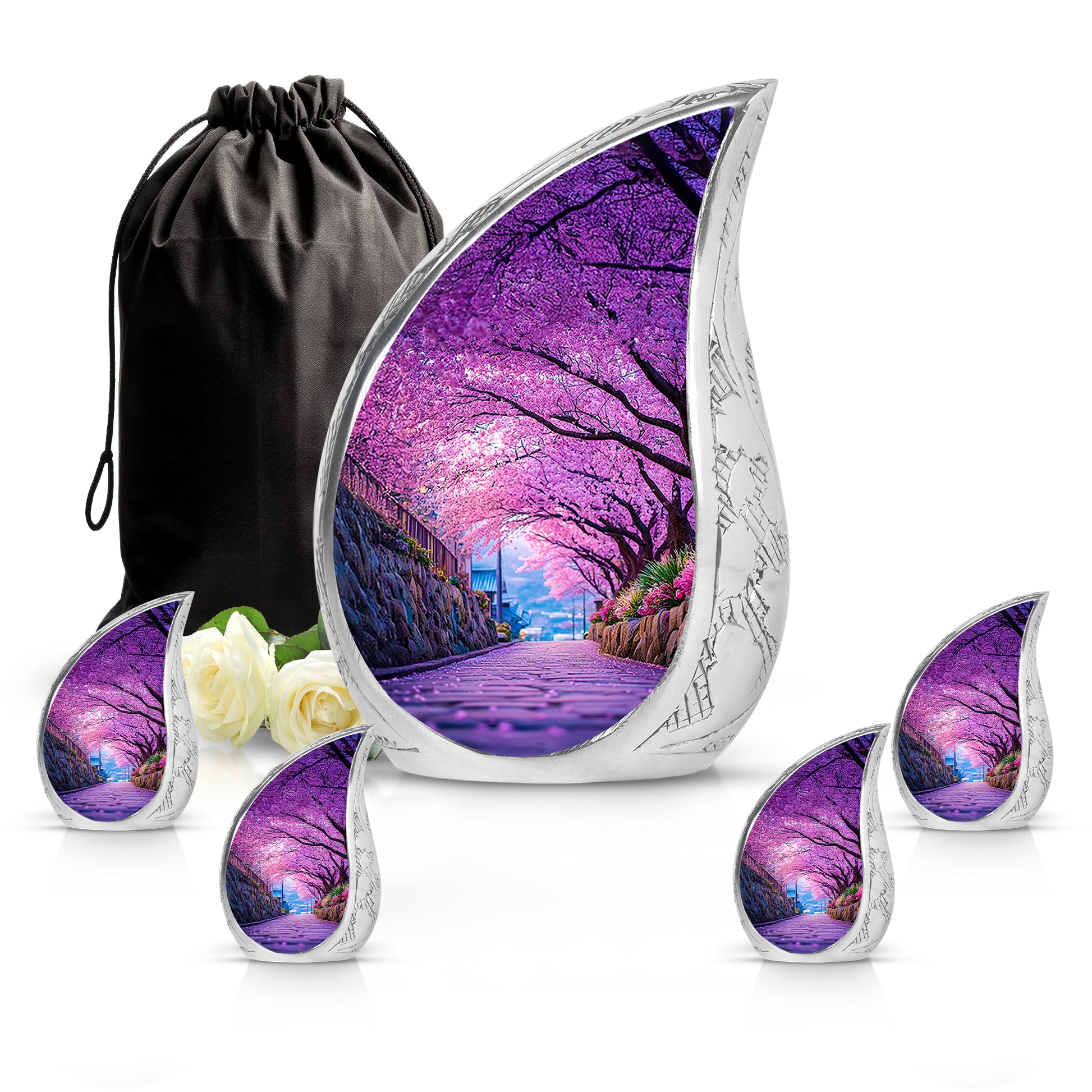 Twilight Purple Cherry Blossom Cremation Urn side profile showing urn shape - smooth teardrop contour featuring cherry blossom art - memorial set with one large and four small urns