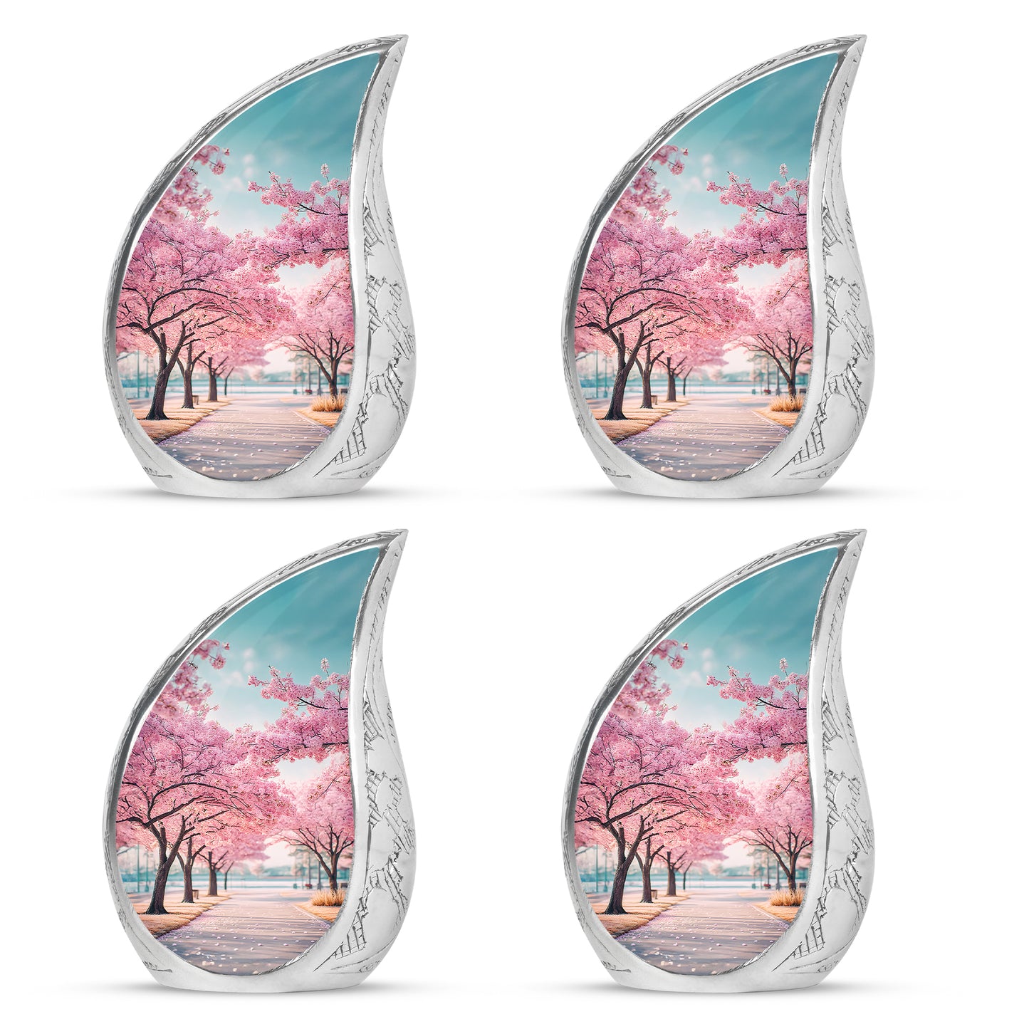 Jewel Teal Cherry Blossom Cremation Urn close-up of engraving and surface detail - rounded teardrop cherry blossom design with delicate detail - 10 inch aluminum urn for cremated remains