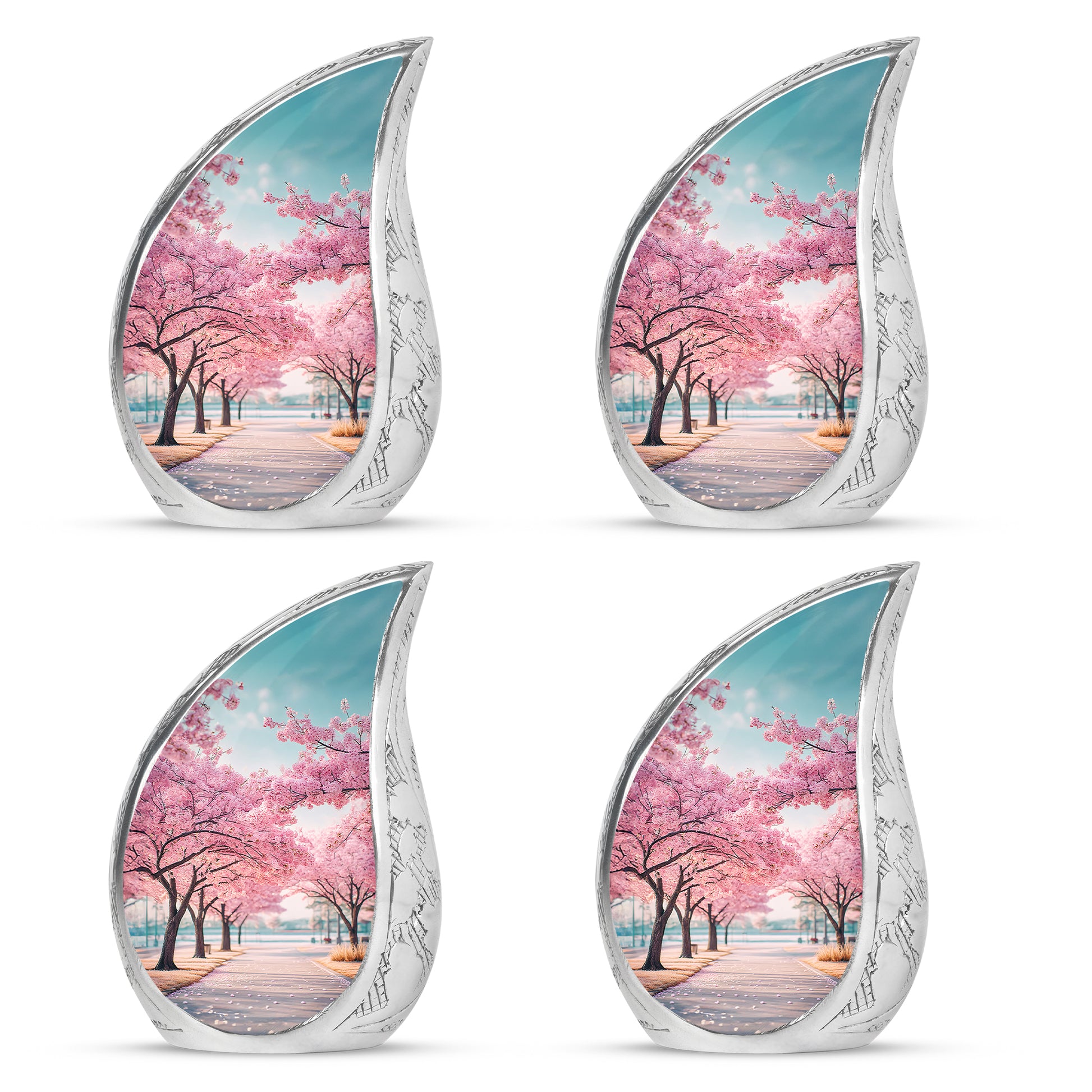 Jewel Teal Cherry Blossom Cremation Urn close-up of engraving and surface detail - rounded teardrop cherry blossom design with delicate detail - 10 inch aluminum urn for cremated remains
