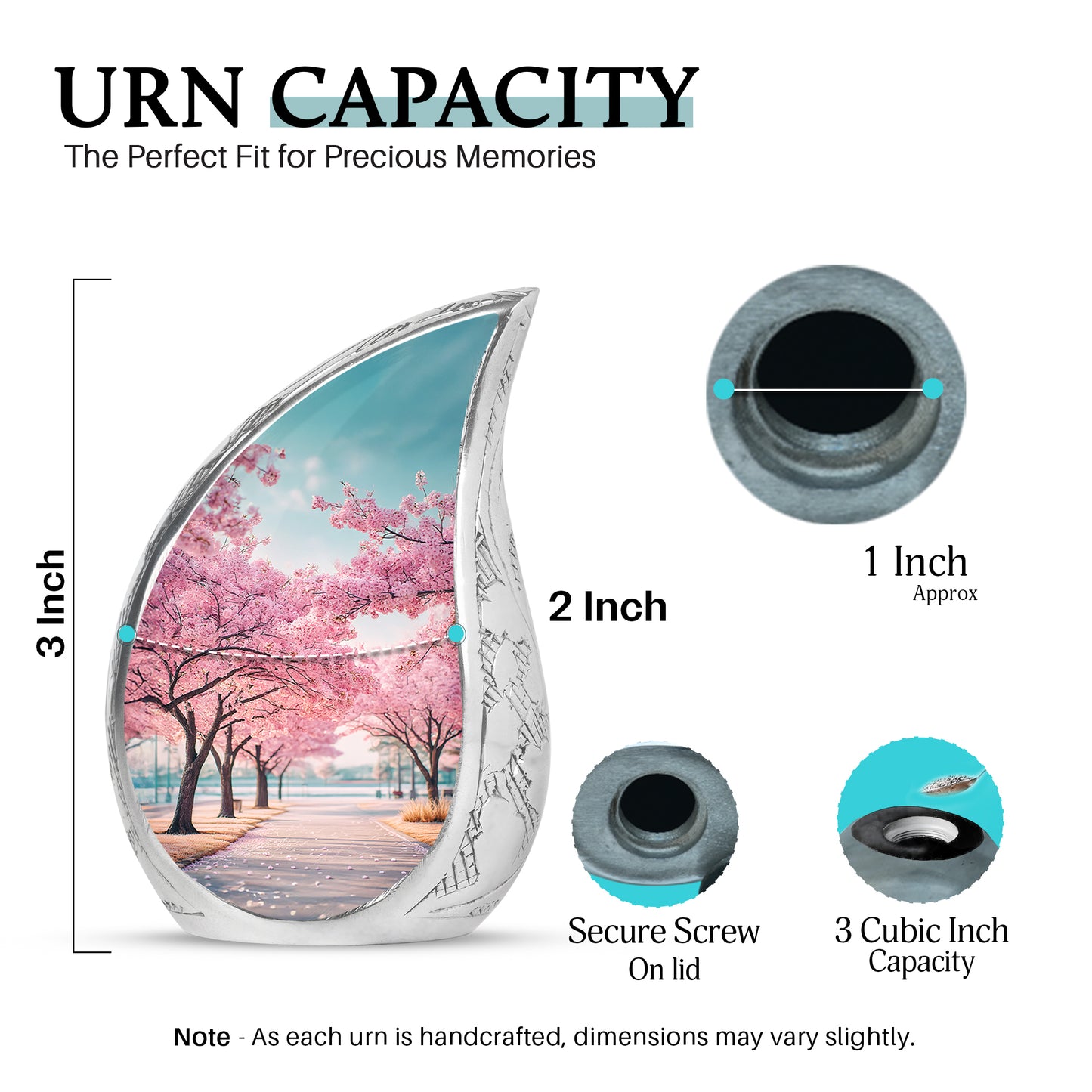 Aqua Teal Cherry Blossom Cremation Urn angled view of lid and engraved motif - smooth teardrop contour featuring cherry blossom art - mini keepsake memorial for portion of cremation ashes
