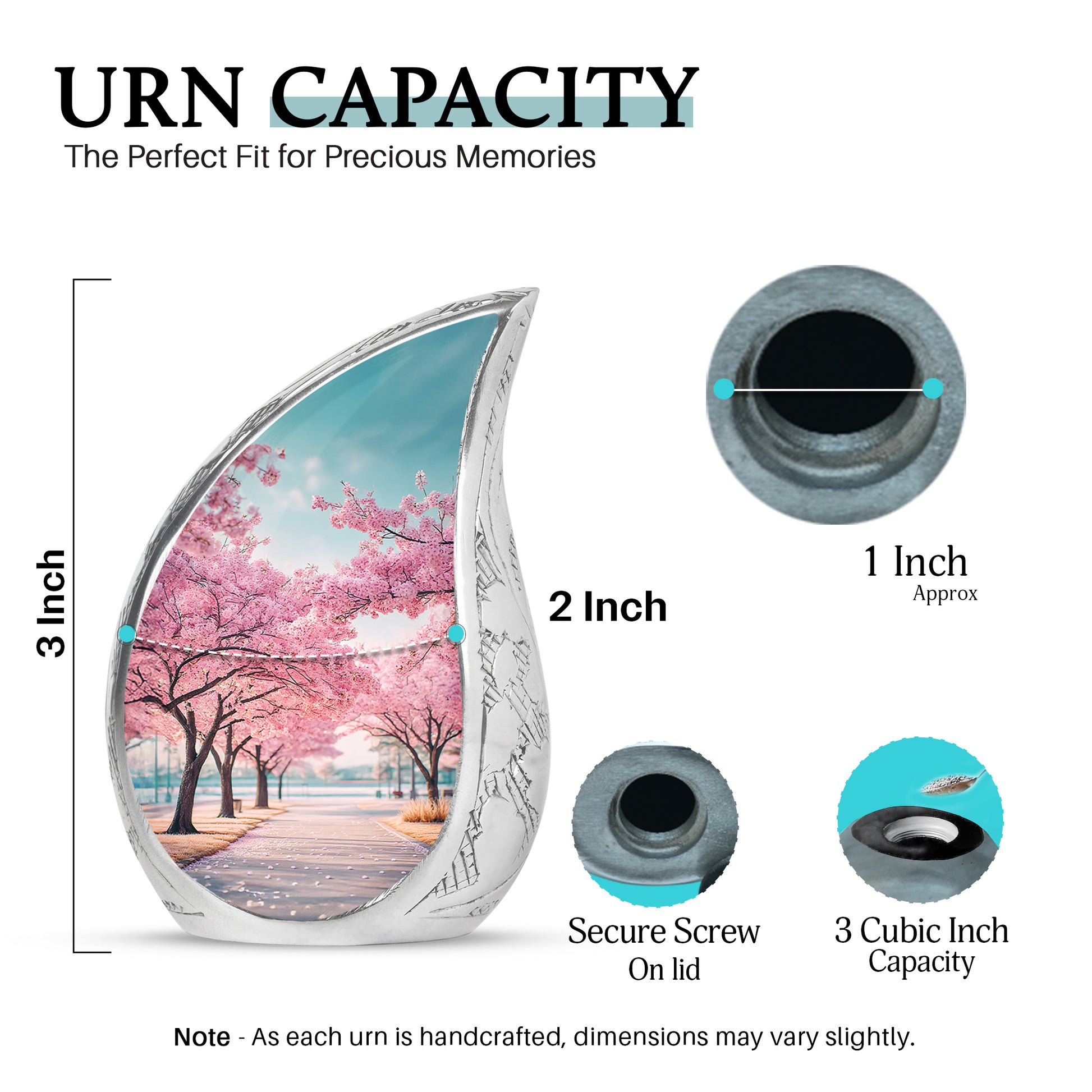 Aqua Teal Cherry Blossom Cremation Urn angled view of lid and engraved motif - smooth teardrop contour featuring cherry blossom art - mini keepsake memorial for portion of cremation ashes