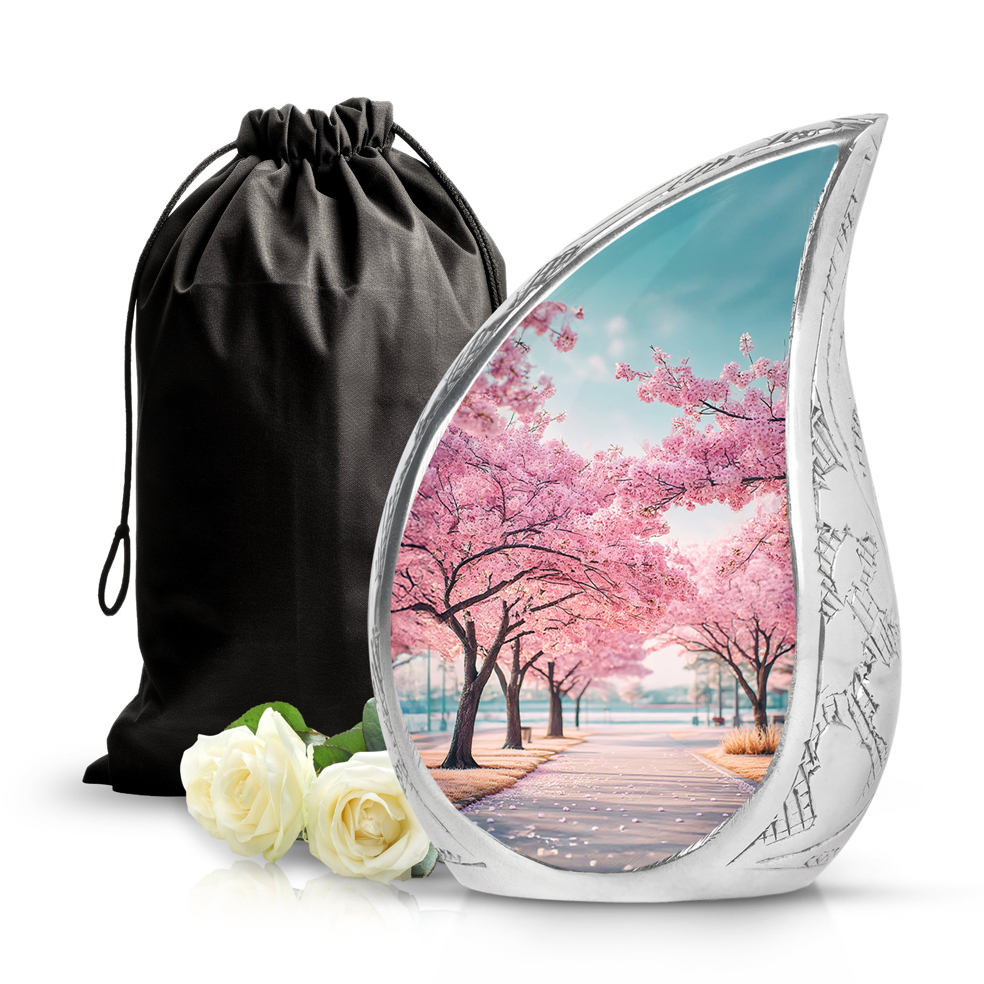 Cool Teal Cherry Blossom Cremation Urn front view showing detailed design - flowing teardrop cherry blossom silhouette on curved aluminum - full-size 10 inch 200 cubic inch adult cremation urn