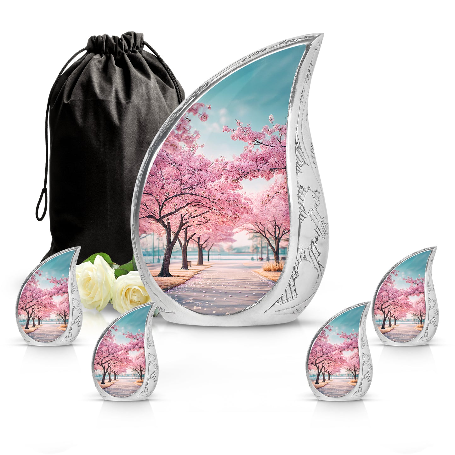 Aqua Teal Cherry Blossom Cremation Urn side profile showing urn shape - graceful tear-shaped urn with cherry blossom motif - memorial set with one large and four small urns