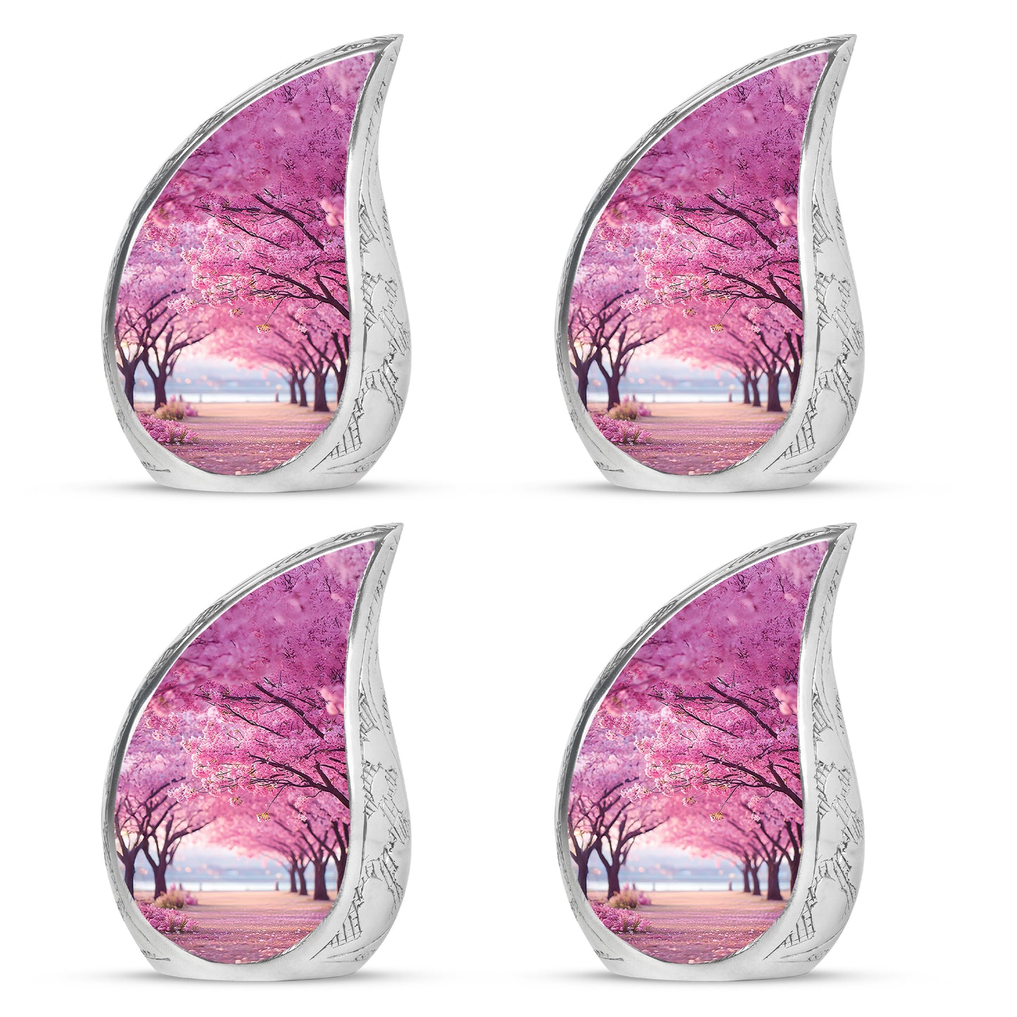 Coral Pink Cherry Blossom Cremation Urn close-up of engraving and surface detail - flowing teardrop cherry blossom silhouette on curved aluminum - 10 inch aluminum urn for cremated remains
