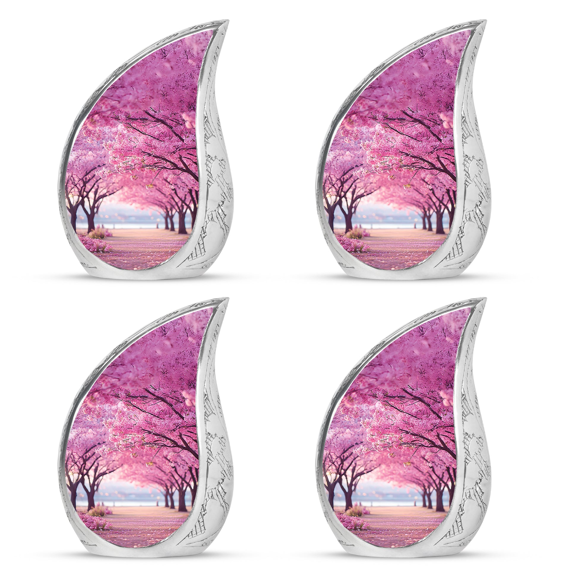 Coral Pink Cherry Blossom Cremation Urn close-up of engraving and surface detail - flowing teardrop cherry blossom silhouette on curved aluminum - 10 inch aluminum urn for cremated remains