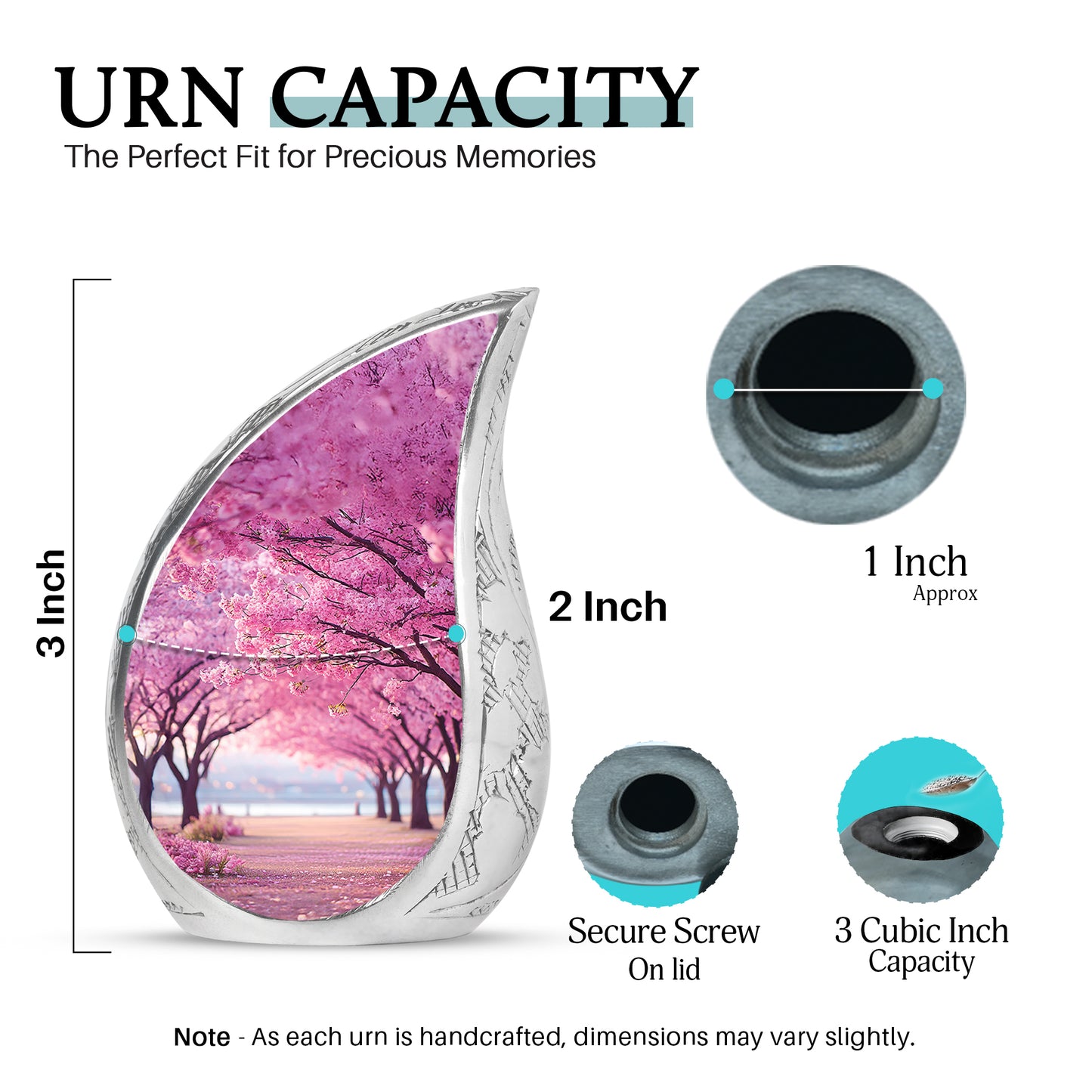 Rose Pink Cherry Blossom Cremation Urn angled view of lid and engraved motif - flowing teardrop cherry blossom silhouette on curved aluminum - mini keepsake memorial for portion of cremation ashes