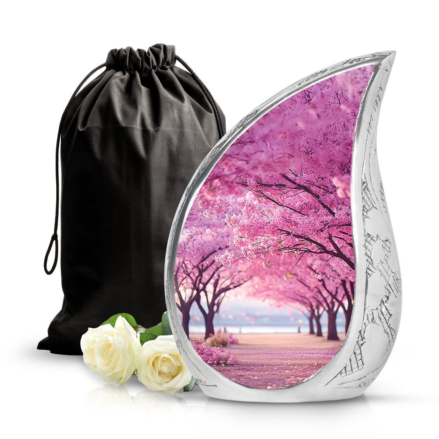Salmon Pink Cherry Blossom Cremation Urn front view showing detailed design - smooth teardrop contour featuring cherry blossom art - full-size 10 inch 200 cubic inch adult cremation urn