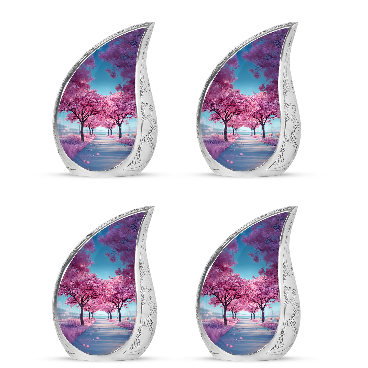 Sky Blue Cherry Blossom Cremation Urn close-up of engraving and surface detail - rounded teardrop cherry blossom design with delicate detail - 10 inch aluminum urn for cremated remains