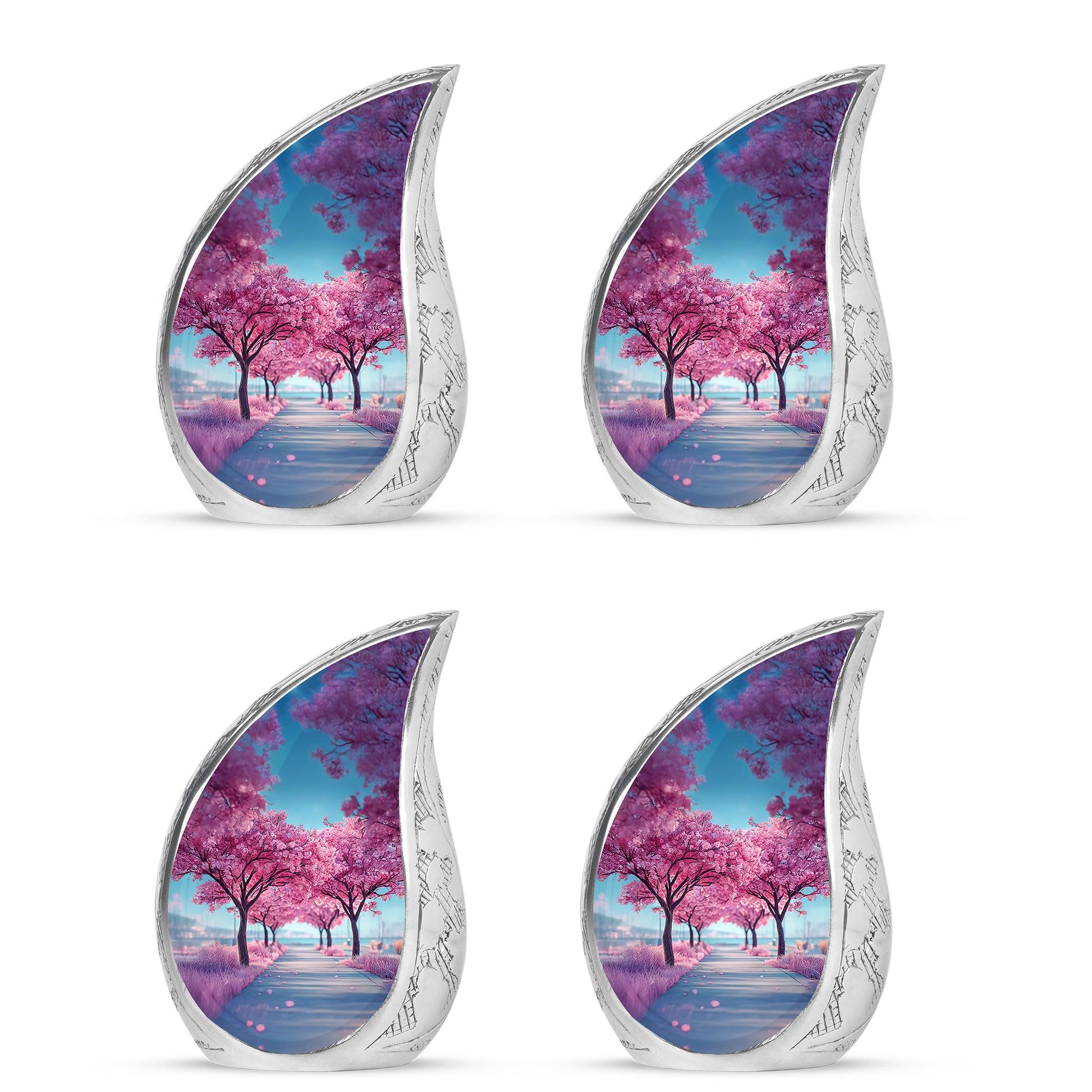 Sky Blue Cherry Blossom Cremation Urn close-up of engraving and surface detail - rounded teardrop cherry blossom design with delicate detail - 10 inch aluminum urn for cremated remains