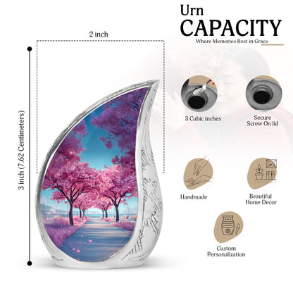 Icy Blue Cherry Blossom Cremation Urn angled view of lid and engraved motif - flowing teardrop cherry blossom silhouette on curved aluminum - mini keepsake memorial for portion of cremation ashes