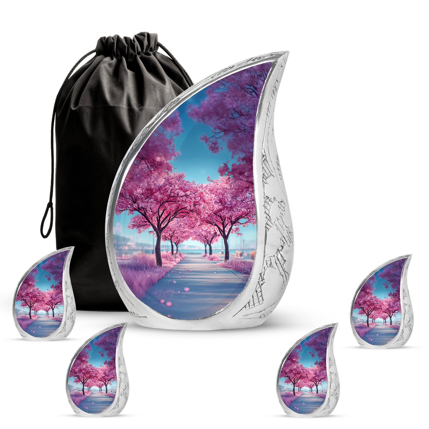 Cobalt Blue Cherry Blossom Cremation Urn side profile showing urn shape - graceful tear-shaped urn with cherry blossom motif - memorial set with one large and four small urns