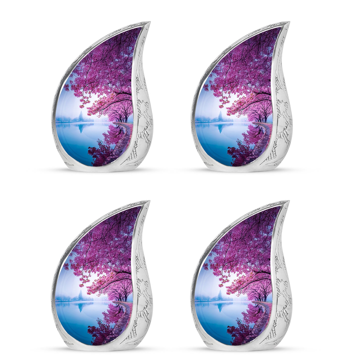 Steel Blue Cherry Blossom Cremation Urn close-up of engraving and surface detail - smooth teardrop contour featuring cherry blossom art - 10 inch aluminum urn for cremated remains