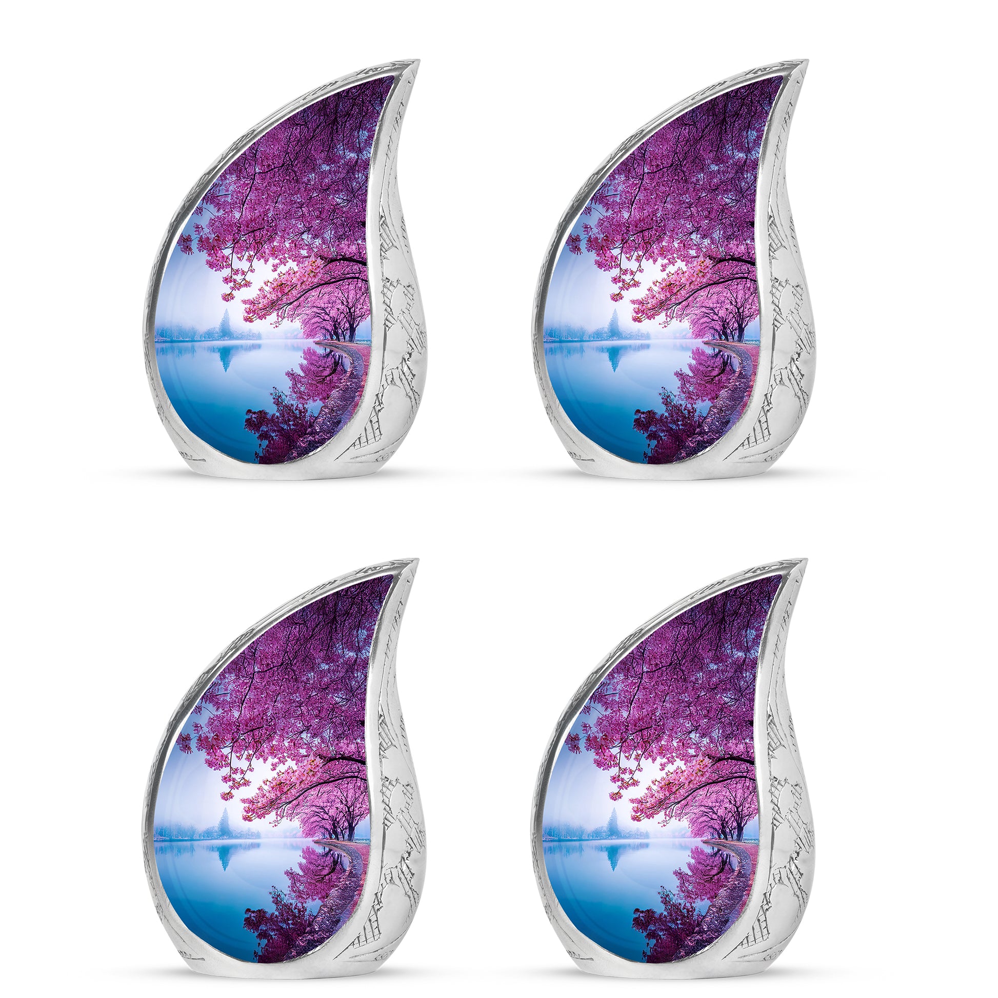 Steel Blue Cherry Blossom Cremation Urn close-up of engraving and surface detail - smooth teardrop contour featuring cherry blossom art - 10 inch aluminum urn for cremated remains