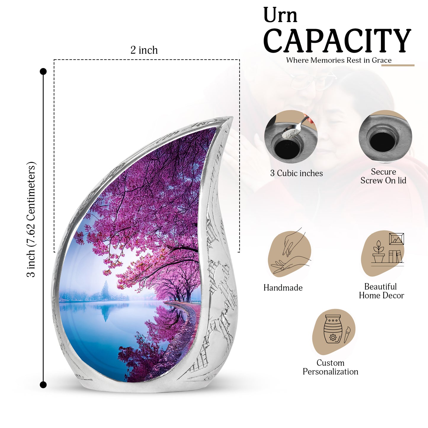Dusty Blue Cherry Blossom Cremation Urn angled view of lid and engraved motif - rounded teardrop cherry blossom design with delicate detail - mini keepsake memorial for portion of cremation ashes