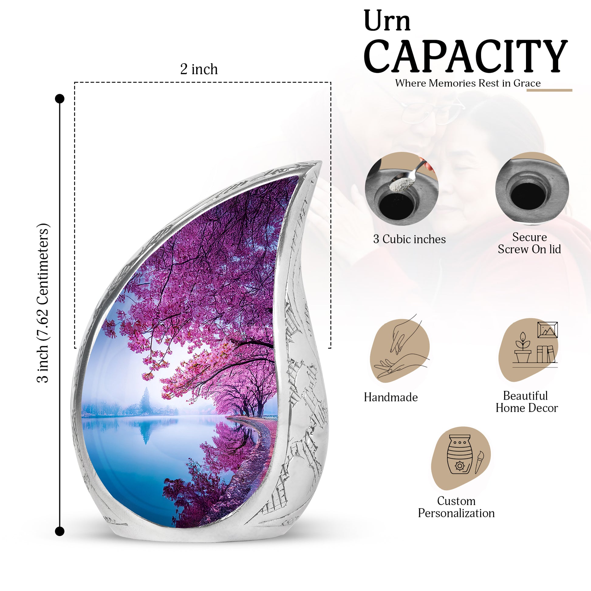 Dusty Blue Cherry Blossom Cremation Urn angled view of lid and engraved motif - rounded teardrop cherry blossom design with delicate detail - mini keepsake memorial for portion of cremation ashes