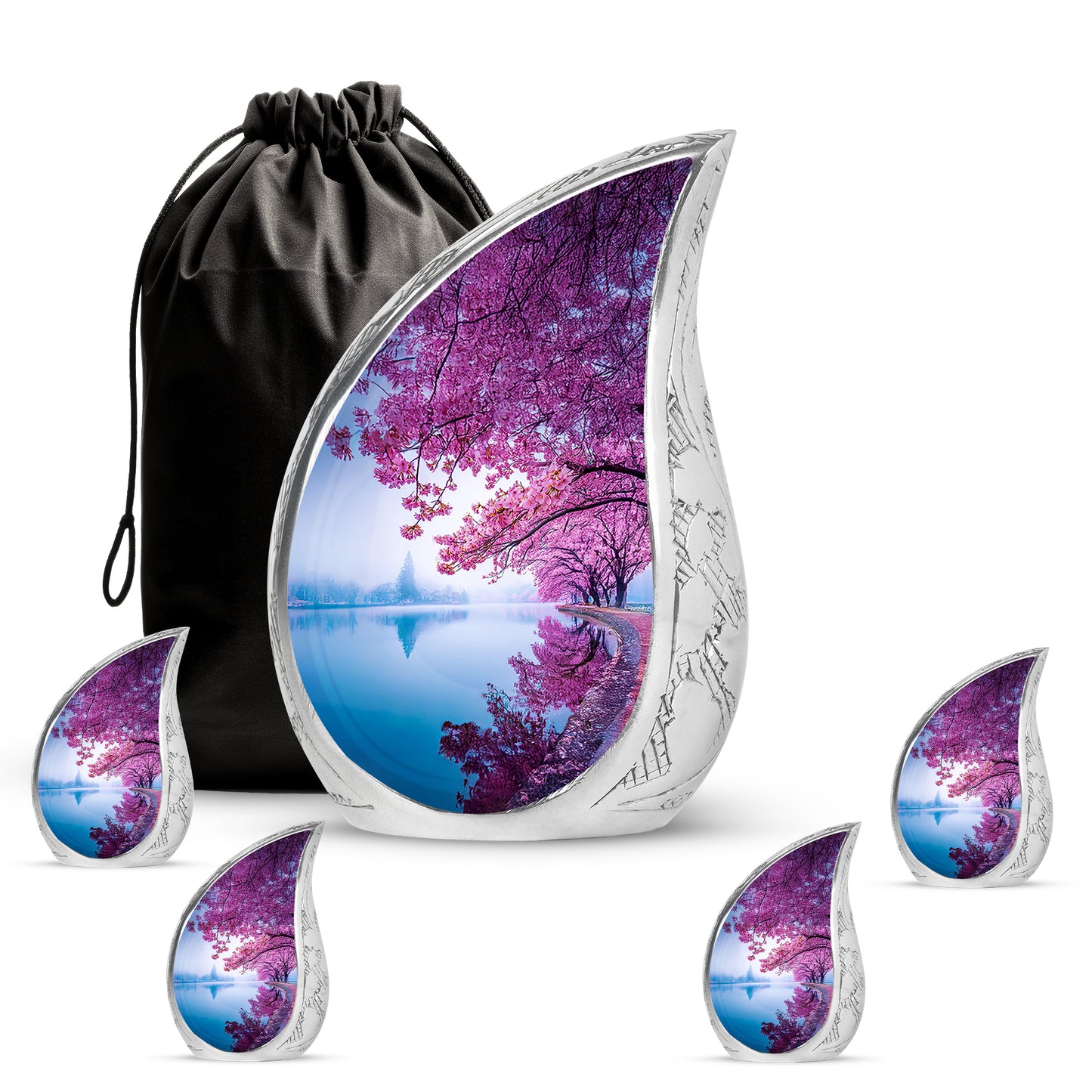 Cobalt Blue Cherry Blossom Cremation Urn side profile showing urn shape - smooth teardrop contour featuring cherry blossom art - memorial set with one large and four small urns