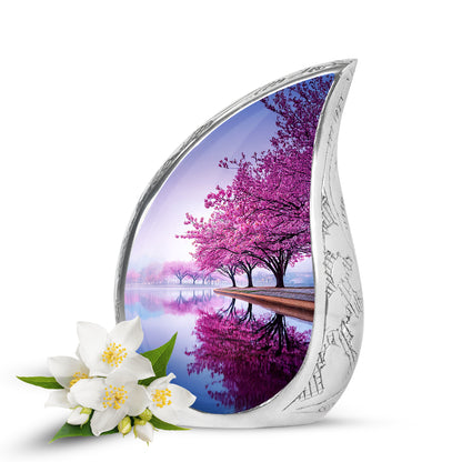 Stunning White Cherry Blossom Testament Urn for Human Ashes - 10-inch, 200 cu in - Yatskia
