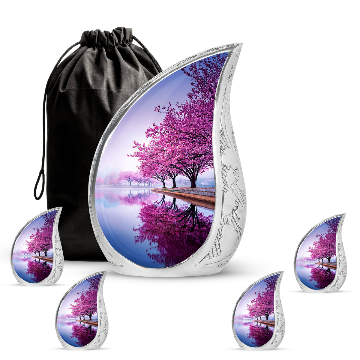 Frost White Cherry Blossom Cremation Urn side profile showing urn shape - flowing teardrop cherry blossom silhouette on curved aluminum - memorial set with one large and four small urns