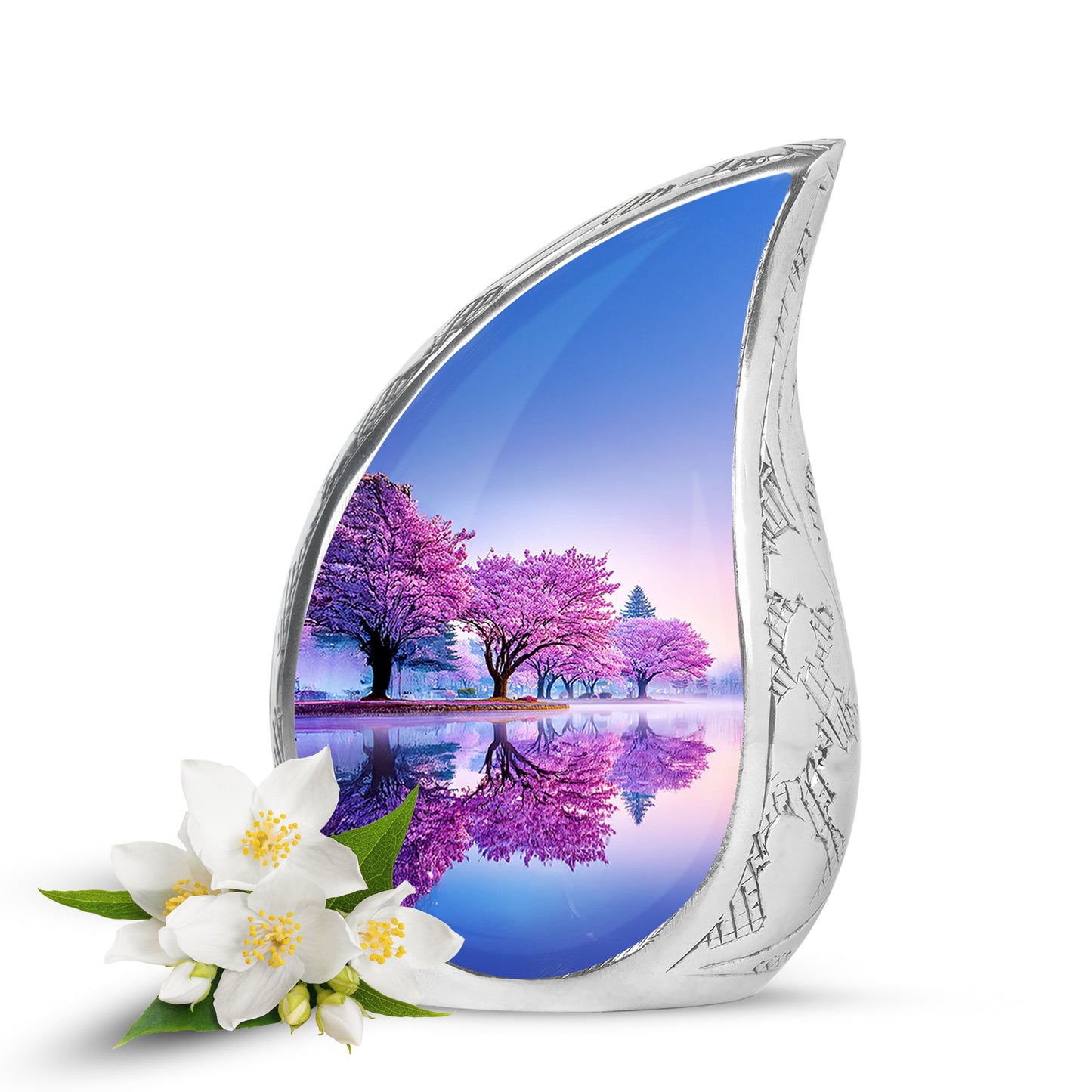 Lustrous Cherry Blossom Cremation Urns for Human Ashes - White 10-inch - Yatskia