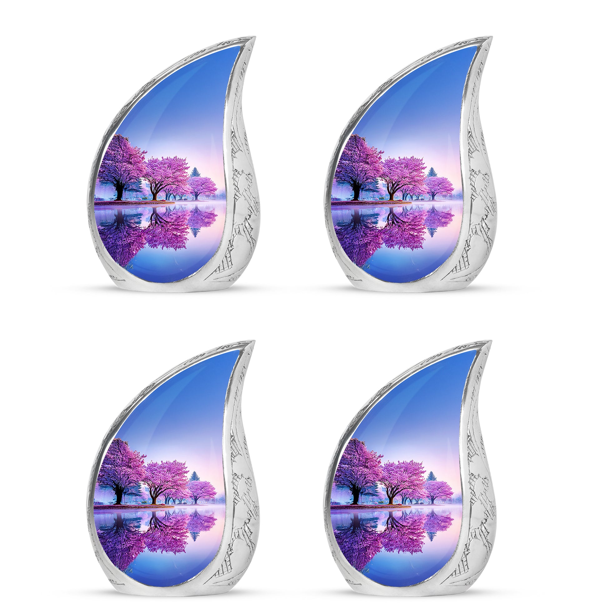 Alabaster White Cherry Blossom Cremation Urn close-up of engraving and surface detail - rounded teardrop cherry blossom design with delicate detail - 10 inch aluminum urn for cremated remains